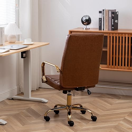 Miniatura 8 de BTEXPERT Sillón de escritorio ajustable de cuero sintético vintage marrón con brazos dorados, respaldo alto, para oficina en casa, (5162BN)