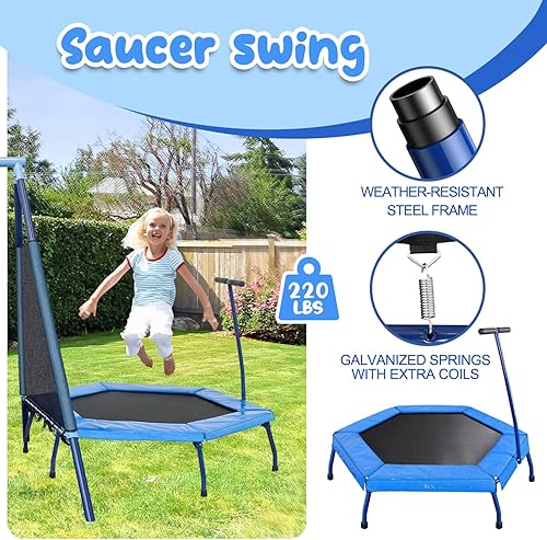 Miniatura 7 de Juego de columpio de metal resistente con trampolín de 47 pulgadas, 2 asientos de columpio y columpios de plataforma, juego al aire libre para niños