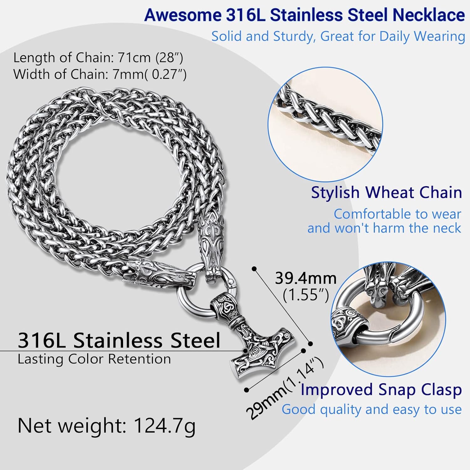 PROSTEEL Norse Viking Jewelry for Men Women, Vintage Thor Hammer/Thor Axe/Raven/Odin Necklace, 316L Stainless Steel Pendant Chain, Come with Box - Image 4