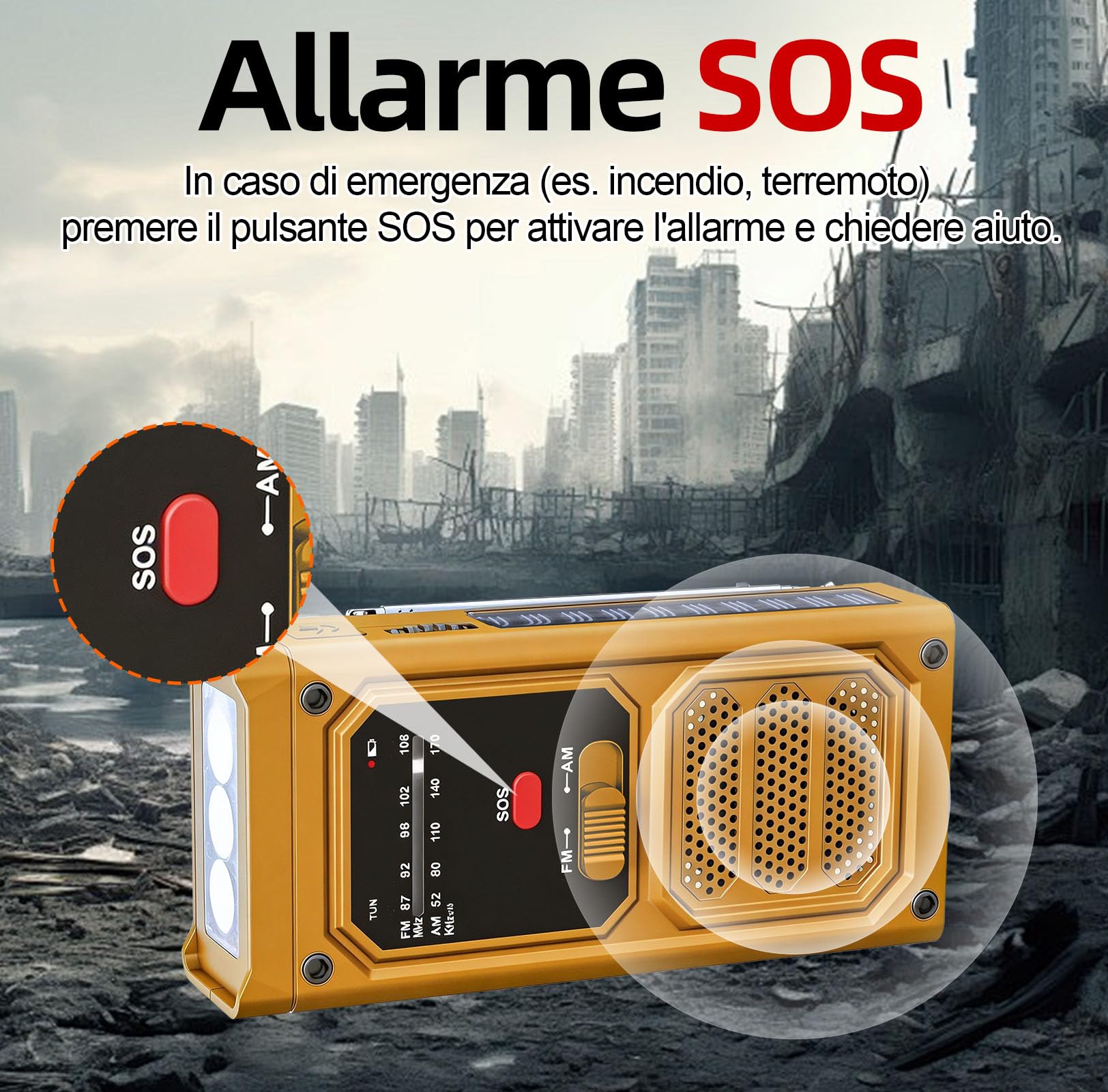 Radio Solaire d’Urgence, Radio à Manivelle avec Lampe Torche LED, Alarme SOS, Recharge par USB/Solaire/Manivelle, Radio AM/FM avec Batterie de 2000mAh pour Camping Randonnée Survie, Orange