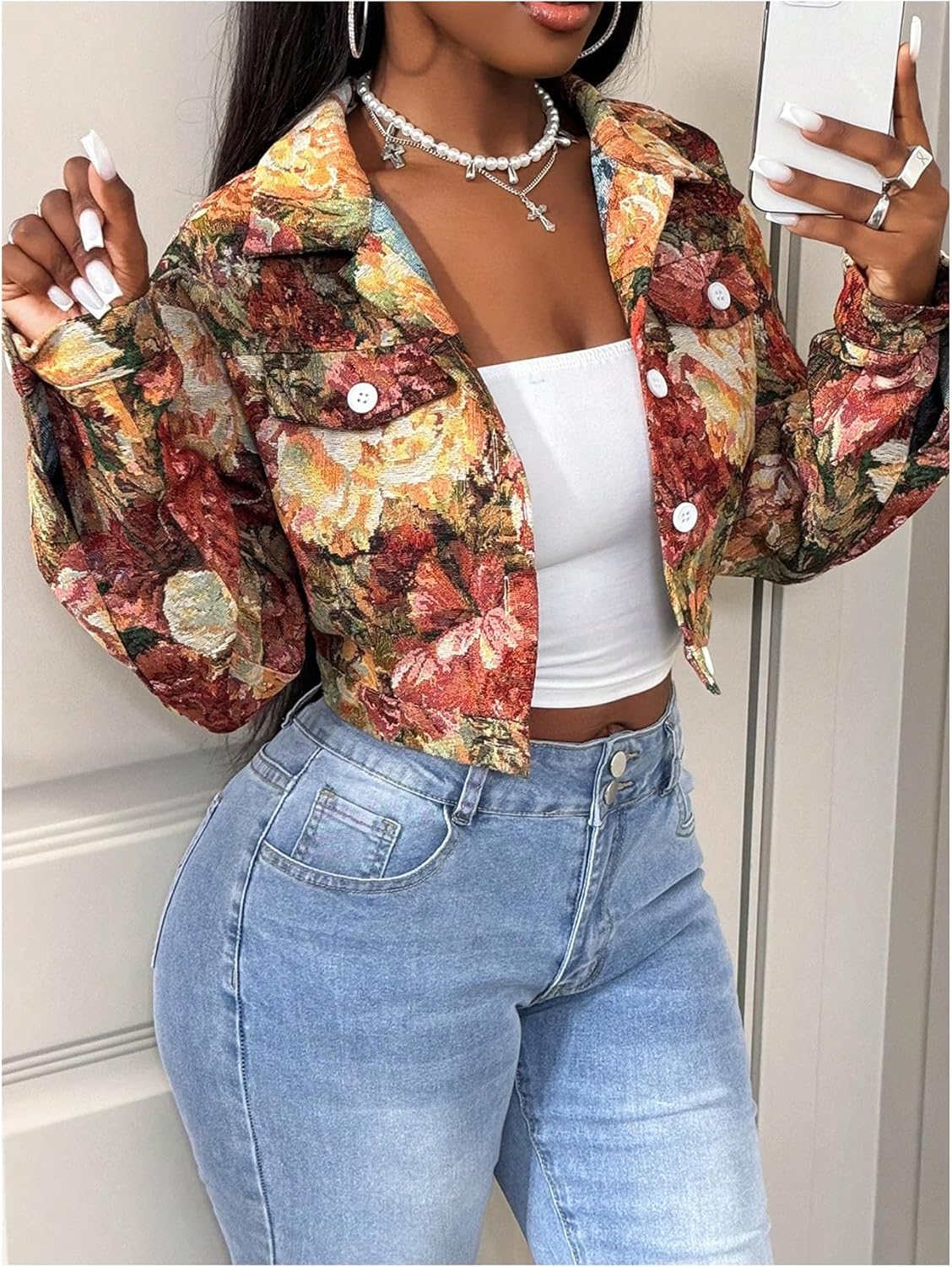 GORGLITTER Women's Floral Jackets Jacquard Long Sleeve Button Down Cropped Varsity Jacket Fall Outerwear - Image 3