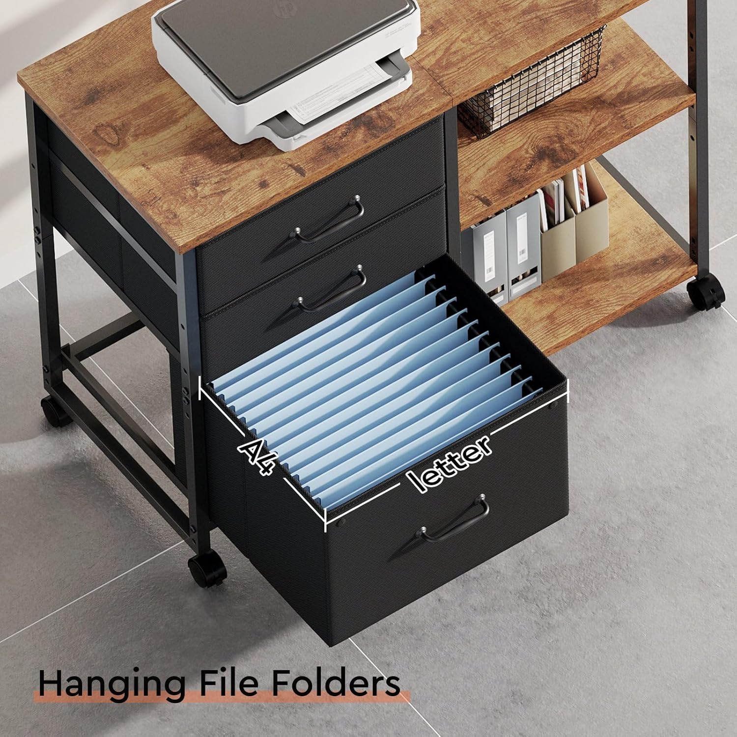 3 Drawer File Cabinet with Wheels Rolling Printer Stand with Open Storage Shelf Fabric Lateral Filing Cabinet for Home Office,Rustic Brown