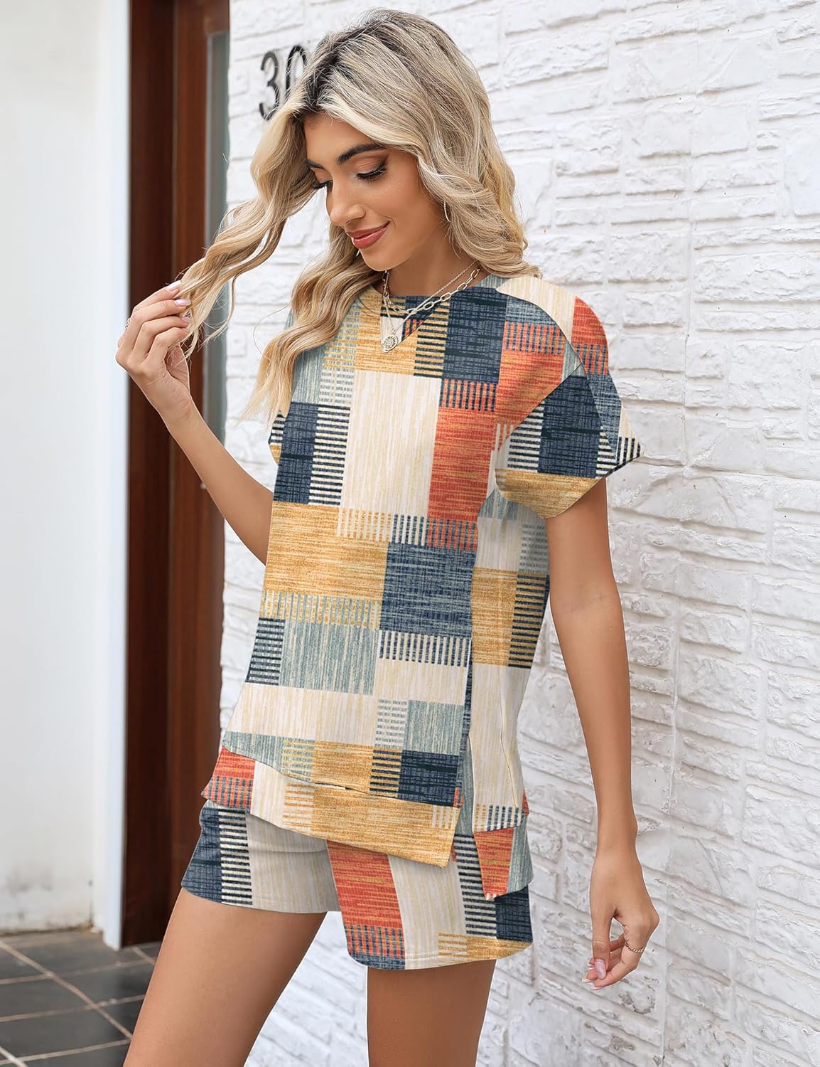 LOMON Womens Fashion 2 Piece Outfits Sweatsuits 2026 Summer Short Sleeve Loungewear Tracksuit Round Neck Lounge Shorts Sets - Image 3