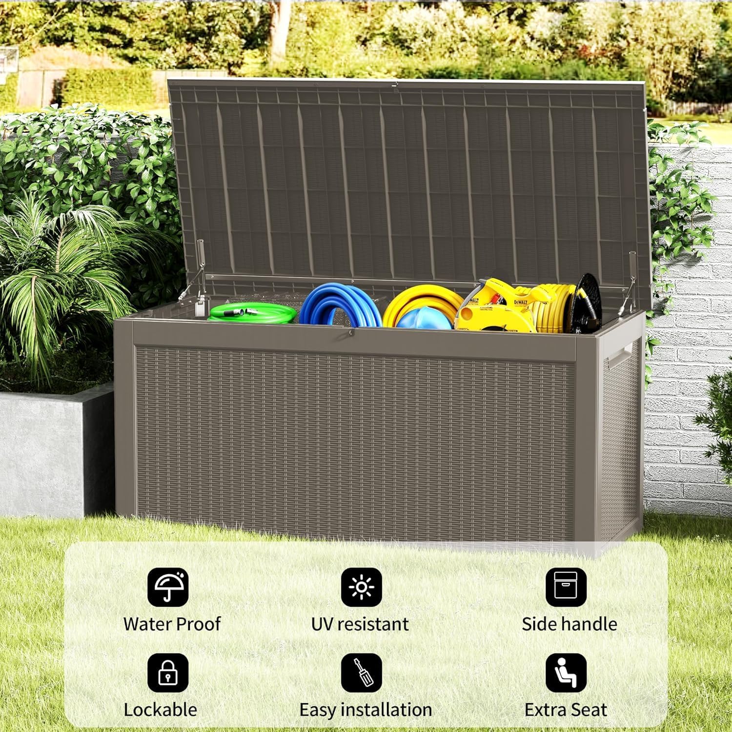200 Gallon Waterproof Large Resin Deck Box Indoor Outdoor Lockable Storage Container for Patio Furniture Cushions Garden Tools, Black
