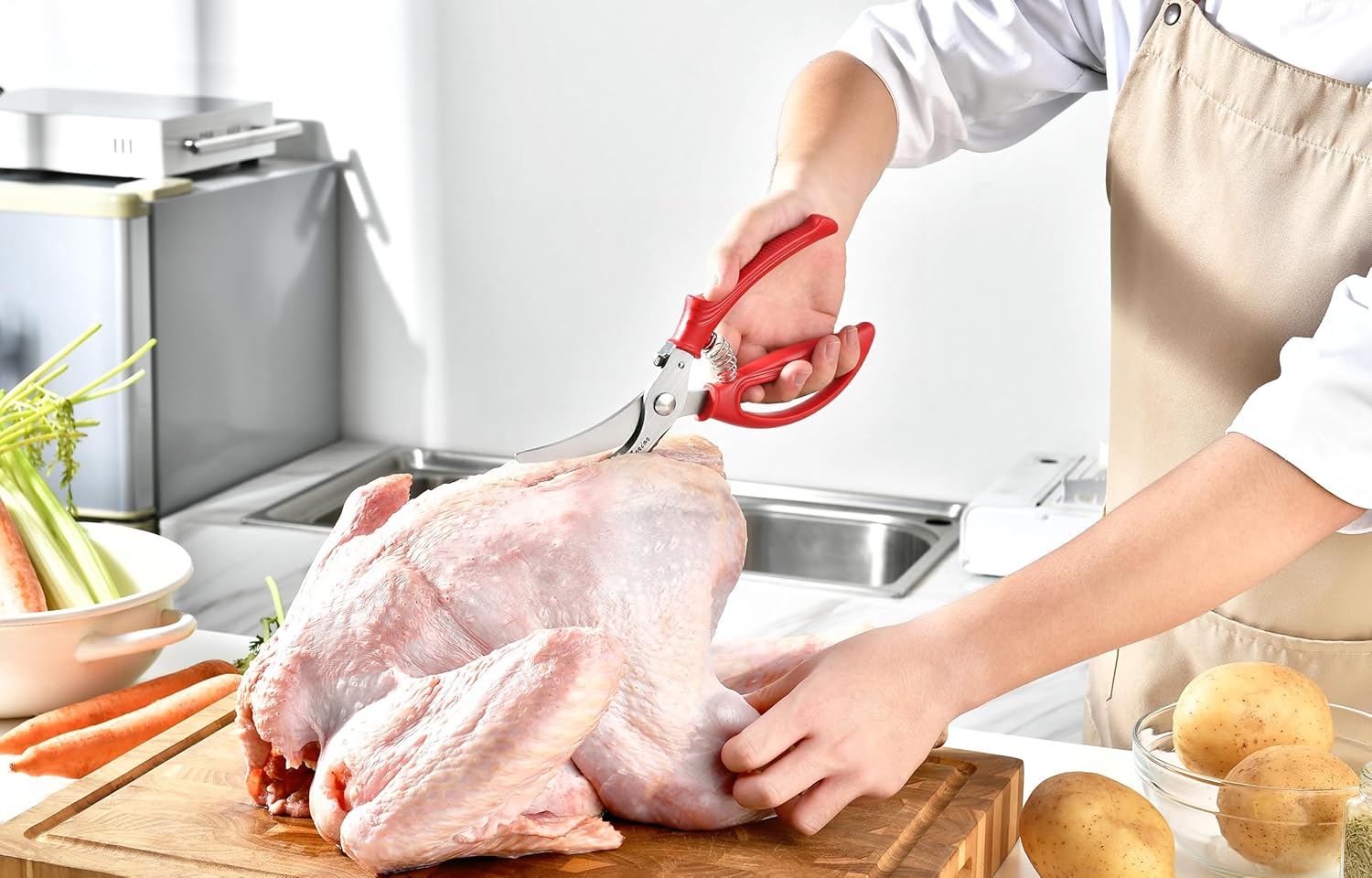 Heavy Duty Poultry Shears - Kitchen Scissors for Cutting Chicken, Poultry, Game, Meat - Chopping Vegetable - Spring Loaded - Red