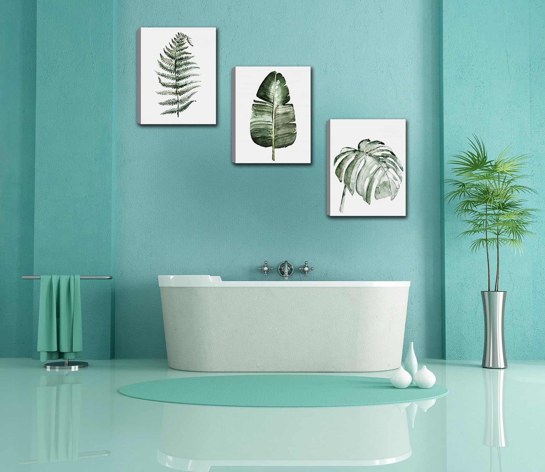 Große Wandkunst Mit Grünen Blättern – 3-teiliges Leinwandbild Für Wohnzimmer, Schlafzimmer & Mehr (versch. Größen, Naturholzrahmen)