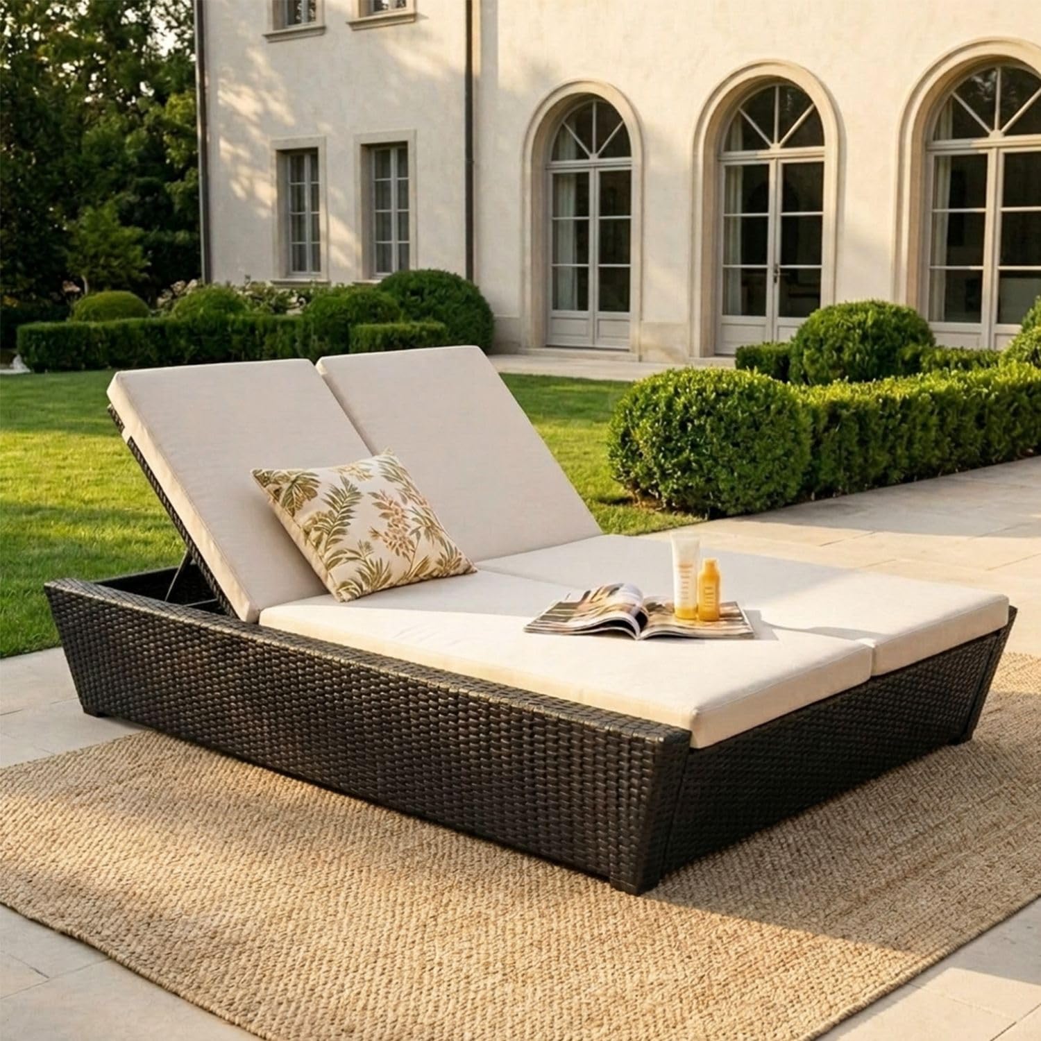 DEVOKO Outdoor Wicker Patio Double Seater Recliner Daybed with Water Resistant Cushion for Garden, Pool, Porch, Backyard (Dark Brown & White)