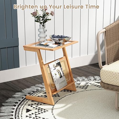 Miniatura 3 de Giantex Mesa auxiliar de ratán, mesa auxiliar bohemia con parte superior de vidrio y revistero, mesita de noche en forma de Z con almacenamiento,