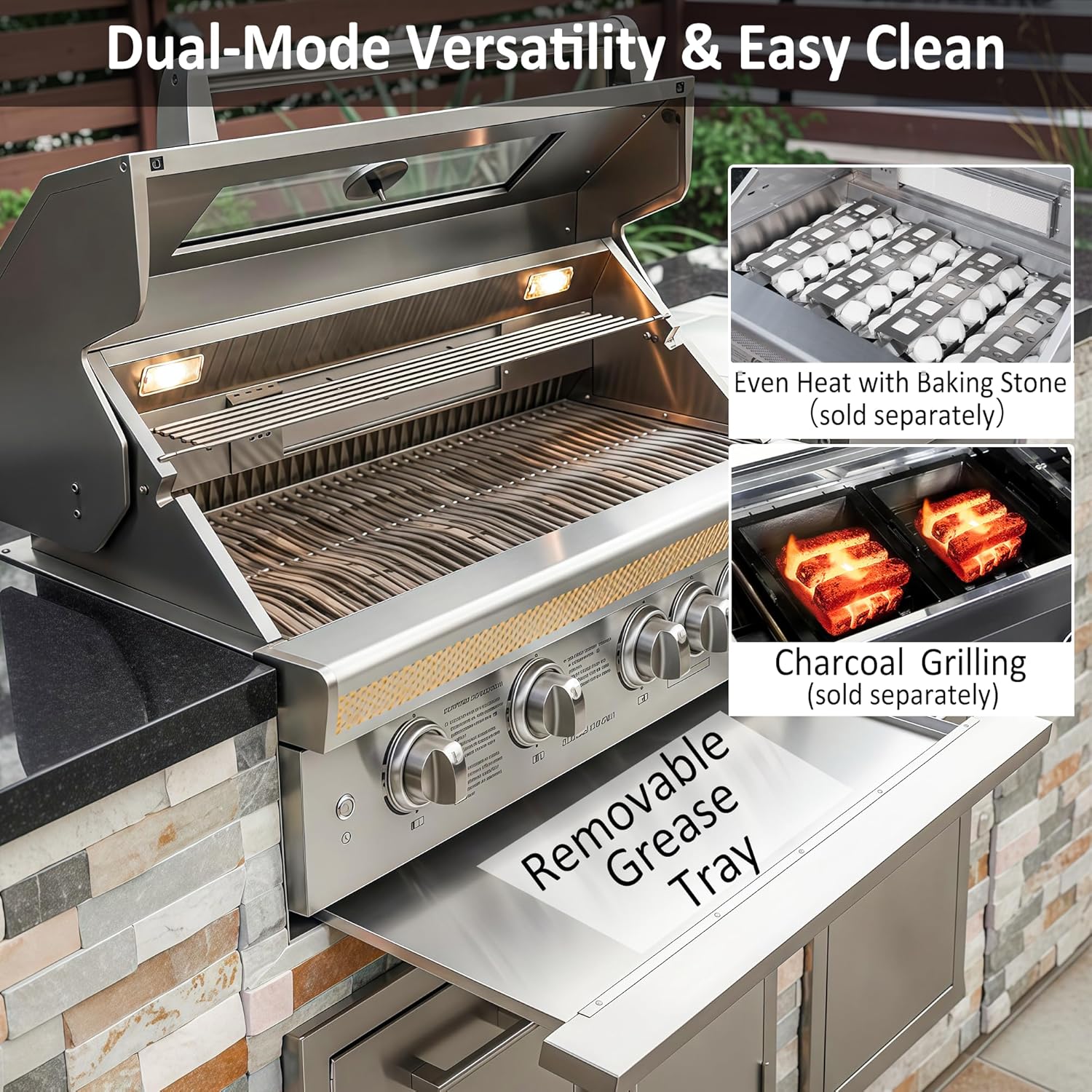 Built-in BBQ Gas Grill, 72000 BTU Outdoor Kitchen Grill with 4 Main Burners & Infrared Back Burner, 304 Stainless Steel, LED Control Knobs & Light, for Garden Patio Party (natural)