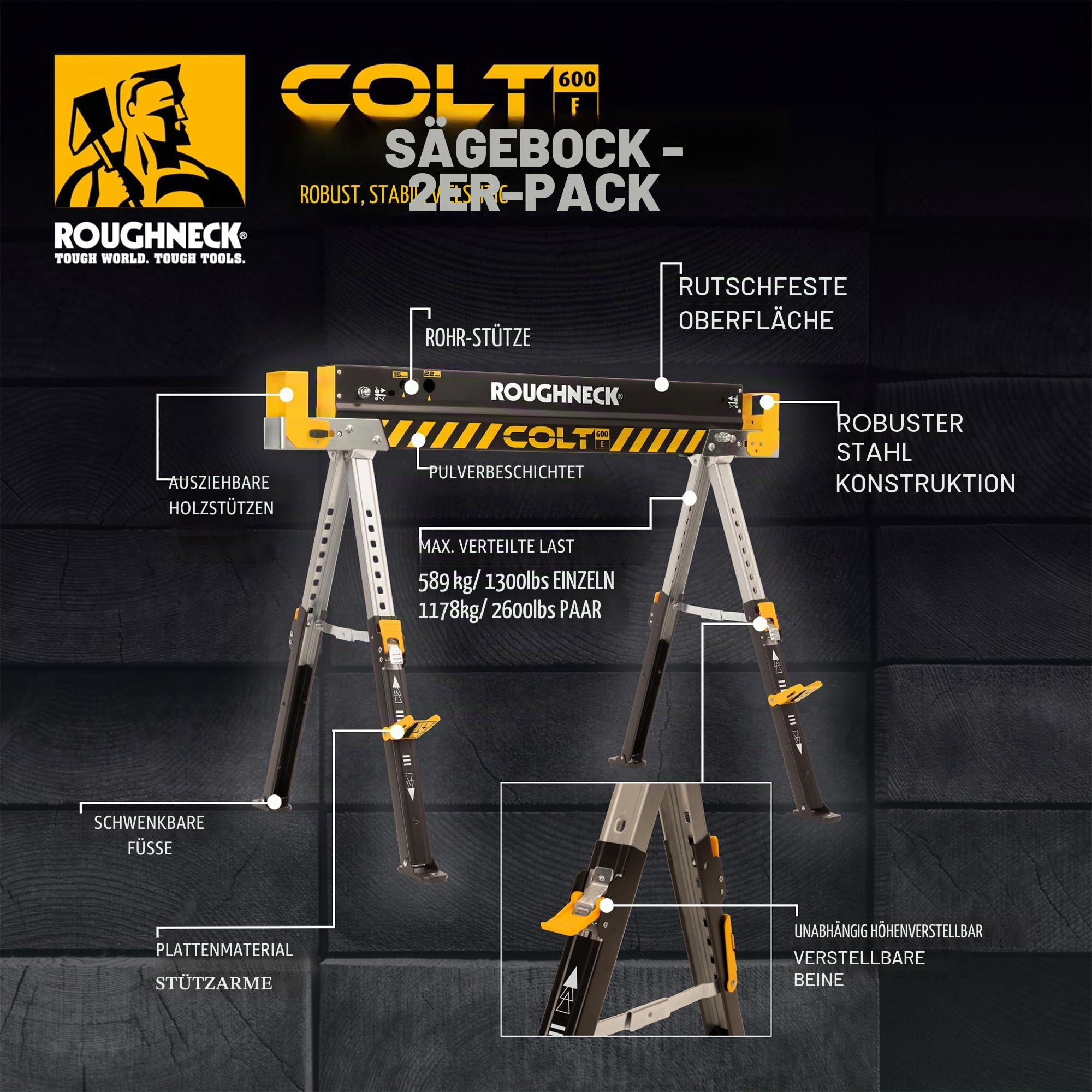 Roughneck COLT 600E Sawhorse Heavy Duty Steel 589kg 1178kg Height Adjustable 2 Pack