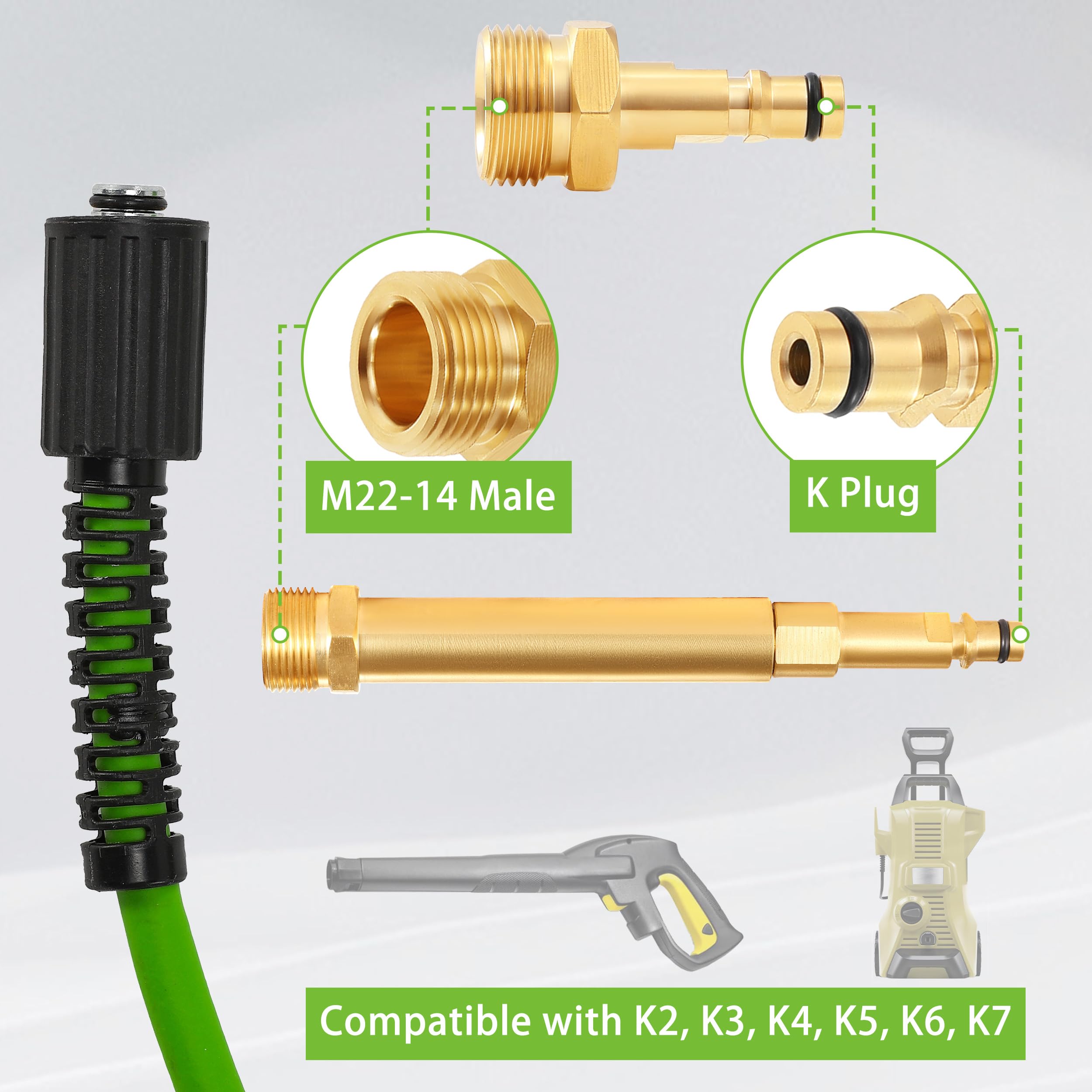 PWACCS Manguera de lavado a presión de 50 pies x 1/4 pulgadas, resistente a torceduras, mangueras de extensión de lavado de alta presión con accesorios M22-14 mm, compatible con Karcher K2, K3, K4, K5 | Resistente a torceduras, accesorios M22-14 mm, compa