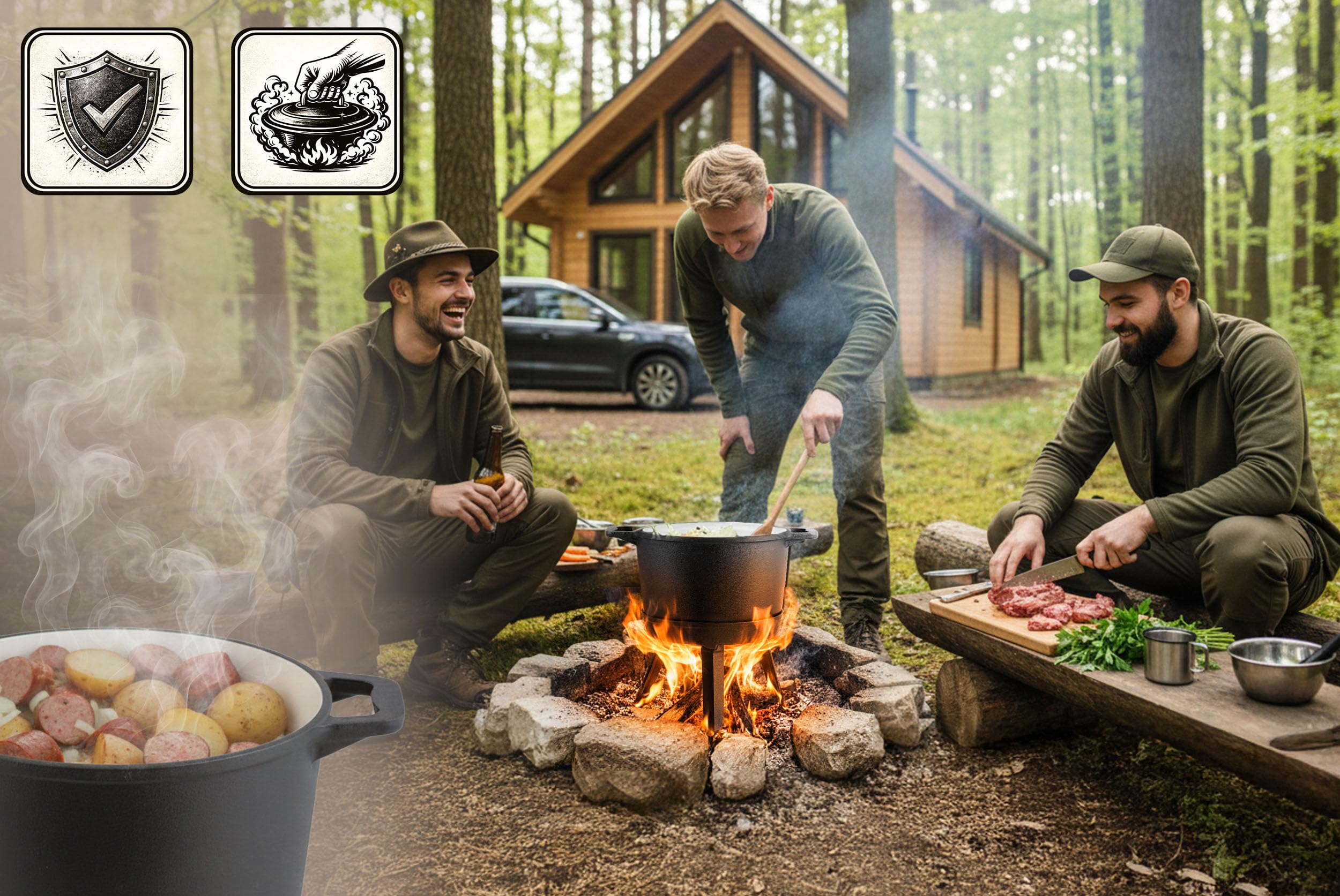Berdsen Gusseisen Topf 8 L Dutch Oven - Emailierter Feuertopf für Lagerfeuer und Grill - 2-in-1 Deckel als Pfanne nutzbar - mit 3 Beinen und Aufhängebügel - inkl. Rezeptbuch - Schwarz