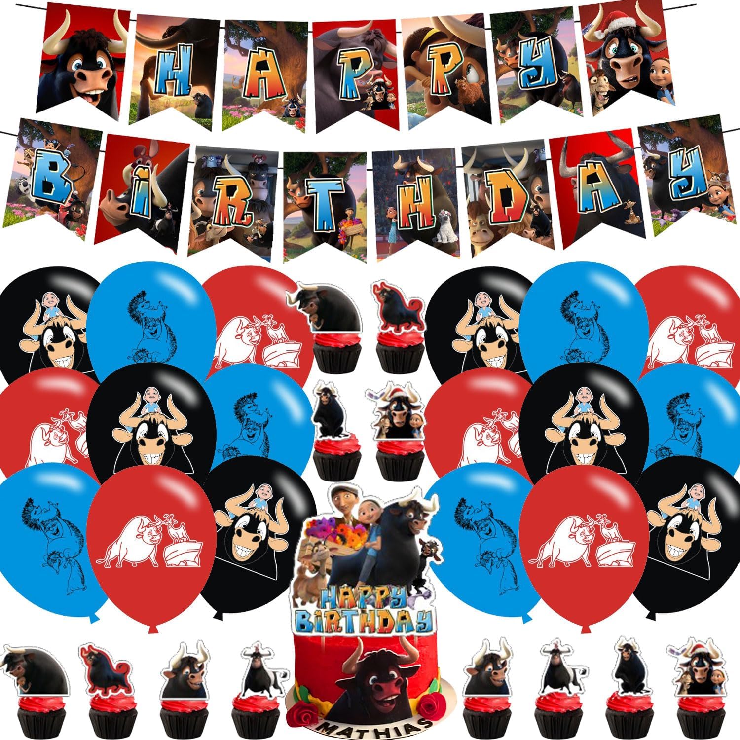 Ferdinand The Bull Party Decorations,Birthday Party Supplies For Ferdinand The Bull Party Supplies Includes Banner - Cake Topper - 12 Cupcake Toppers - 18 Balloons
