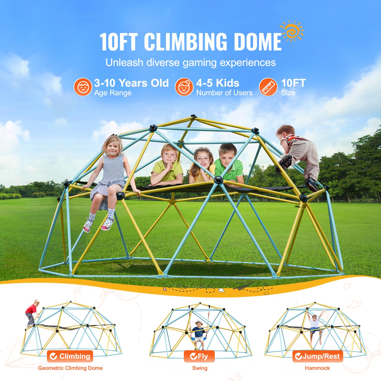 Happybuy Climbing Dome for Kids, 10FT, with Hammock & Swing, 750LBS Capacity, Easy Assembly