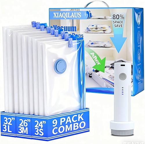 Bolsas de sellado al vacío para ropa de viaje, bolsas de almacenamiento al vacío ahorradoras de espacio con bomba de aire inalámbrica (9 bolsas