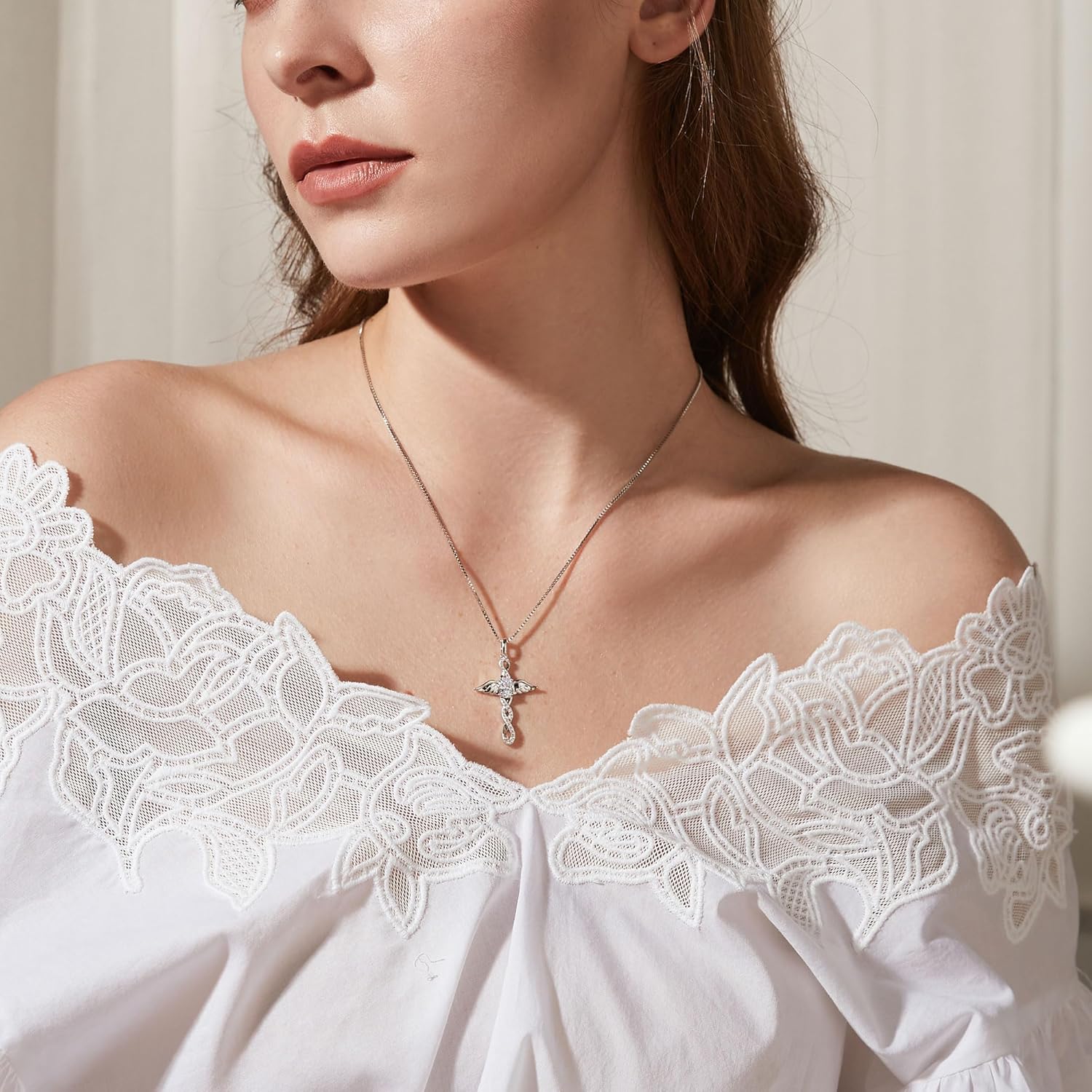 Silver Angel Wing Cross Pendant Purple Infinity Cross Necklace for Ladies AAAAA Cubic Zirconia Infinity Cross Necklace Religious Cross Jewelry Christian - Image 5