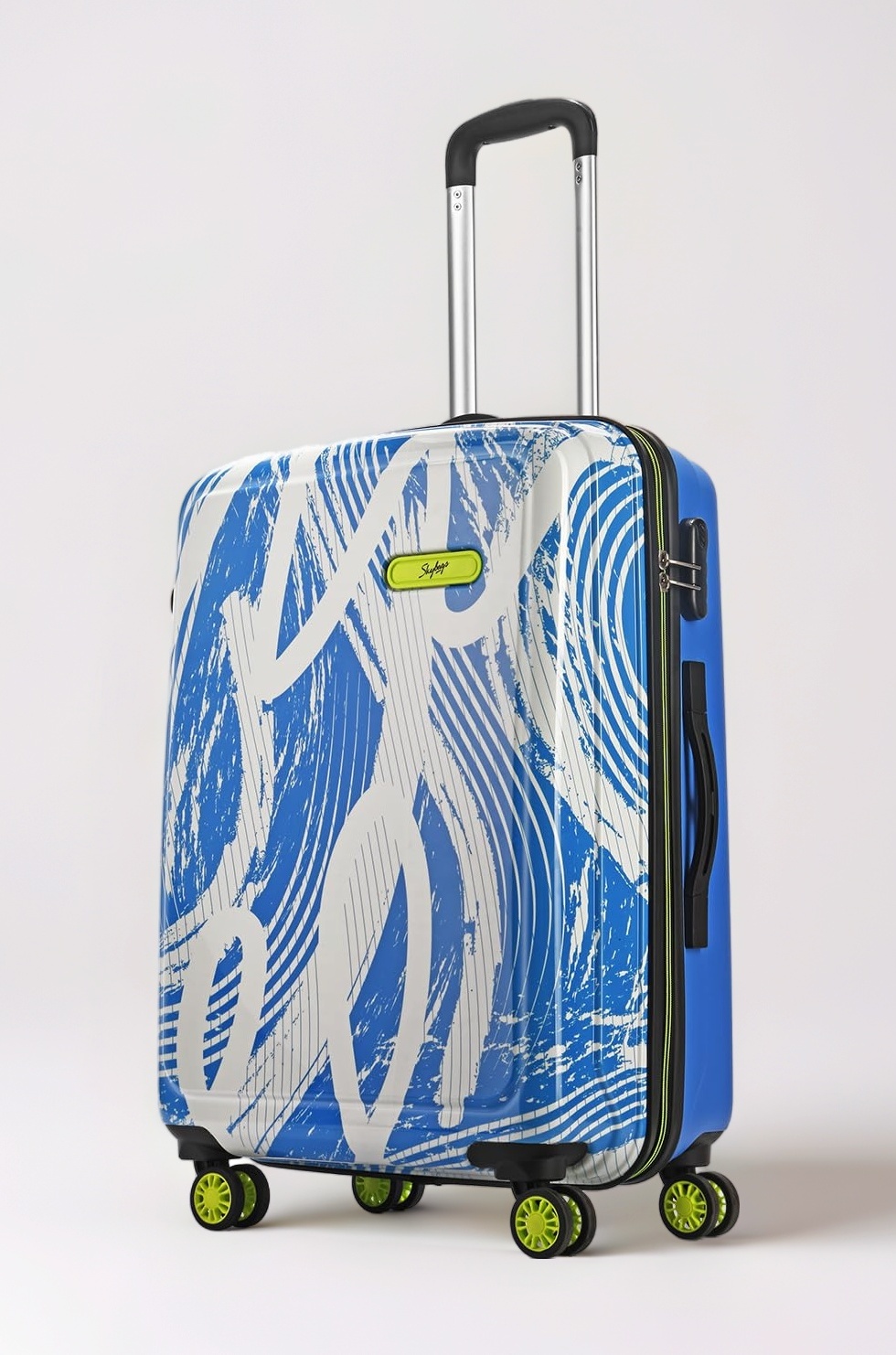 Medium Stroke Size Abs Hard Luggage (67 Cm)|Printed Luggage Trolley with 8 Spinner Wheels and in-Built Combination Lock|Unisex, Blue and White