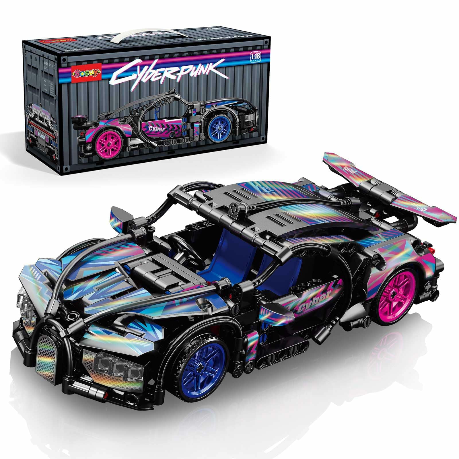 Sosuy Building-Block Race-Car Set, 1:18 Technical Model Kit 473 Pcs DIY Pull-Back Cyberpunk Toy for Boy Girl Kid Age 6+ Year, Birthday Gift for Teen