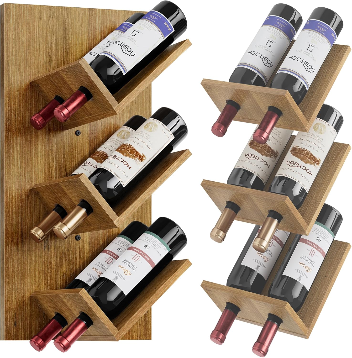 Hoctieon Wine Rack Wall Mounted, 6 Bottles Hanging Wine Racks Bar Shelves for Display & Storage, Rustic Wood Wine Bottle Holder for Home Bar, Kitchen, Dining Room,Warm Brown