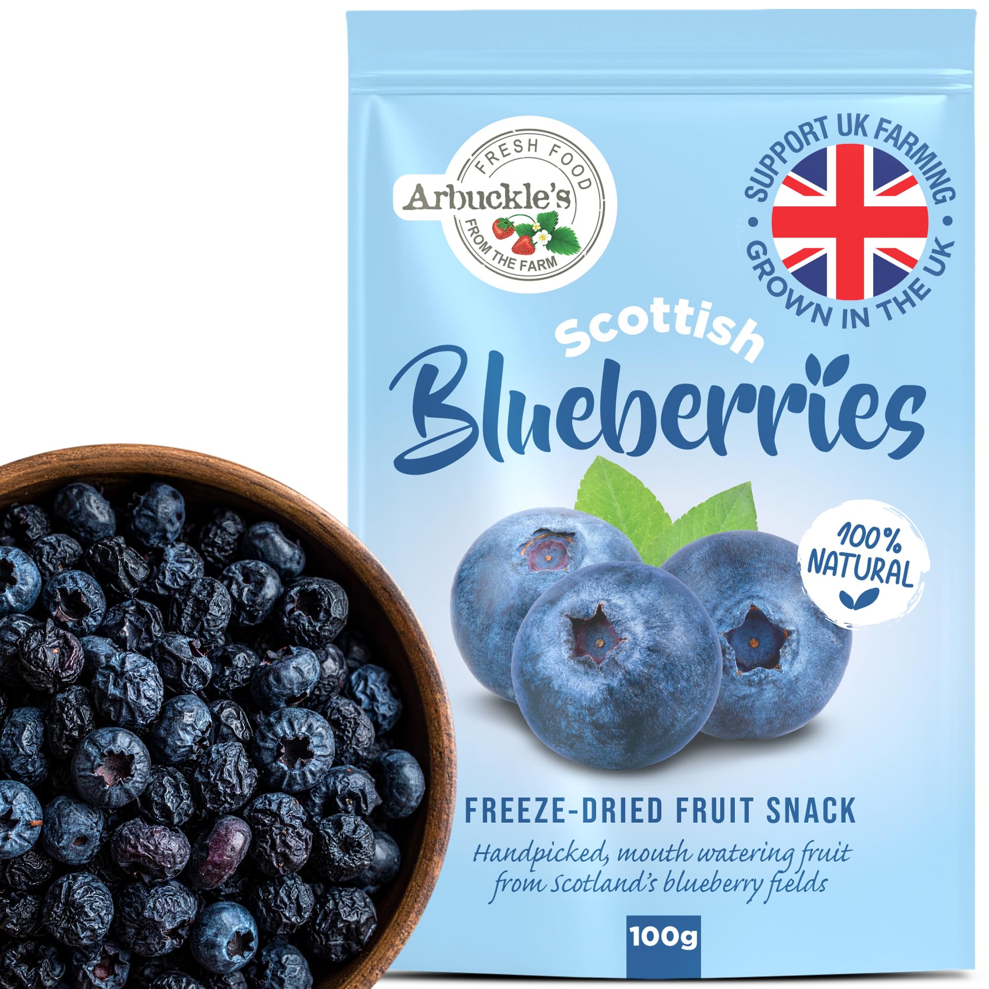 Arbuckle's Freeze Dried Blueberry Whole Fruit Snack 100g Nutritious and Healthy Blueberries Direct from Farm Shop, Natural, for Baking, Breakfast Cereal Topper, Yogurt, Cake Decorations, 2x 50g pack