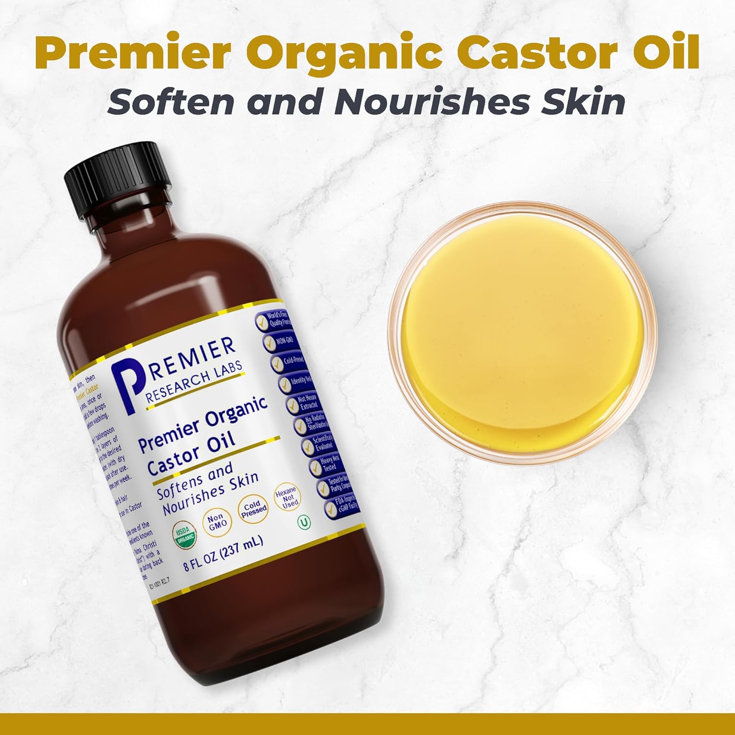 Premier Research Labs Organic Castor Oil for Face - Cold Pressed 100% Pure Castor Oil for Hair Growth, Skin & Body, Hexane Free - 8 Oz Bottle - Image 2