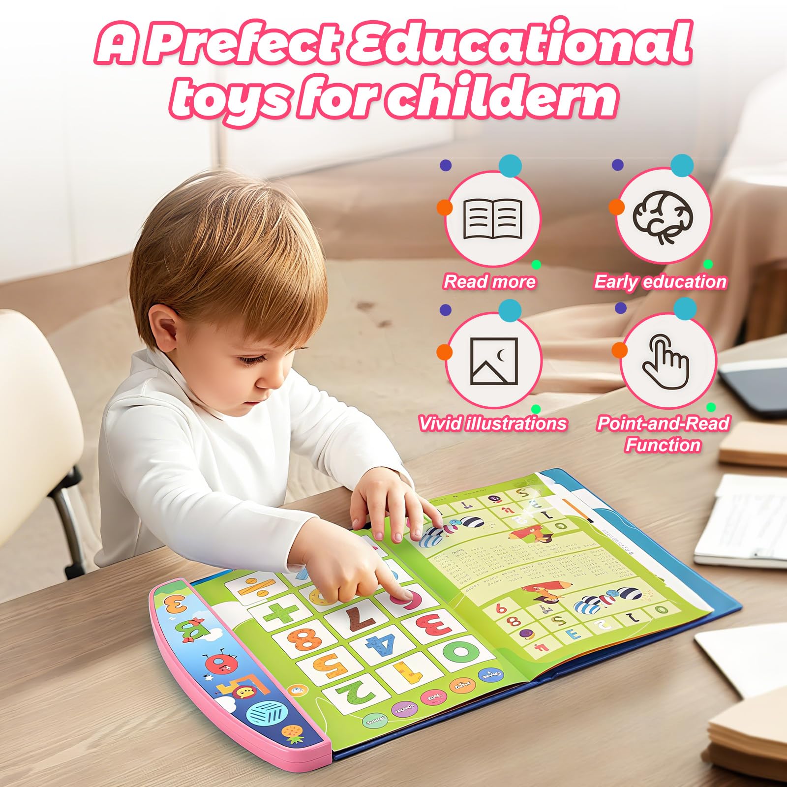 Livre Sonore éducatif Ludique pour Apprendre l'anglais Interactif, Livre Intelligent pour Enfants, Enfant l'anglais Machine de Lecture, Chiffres, Lettres, Mots, Formes (Rose)