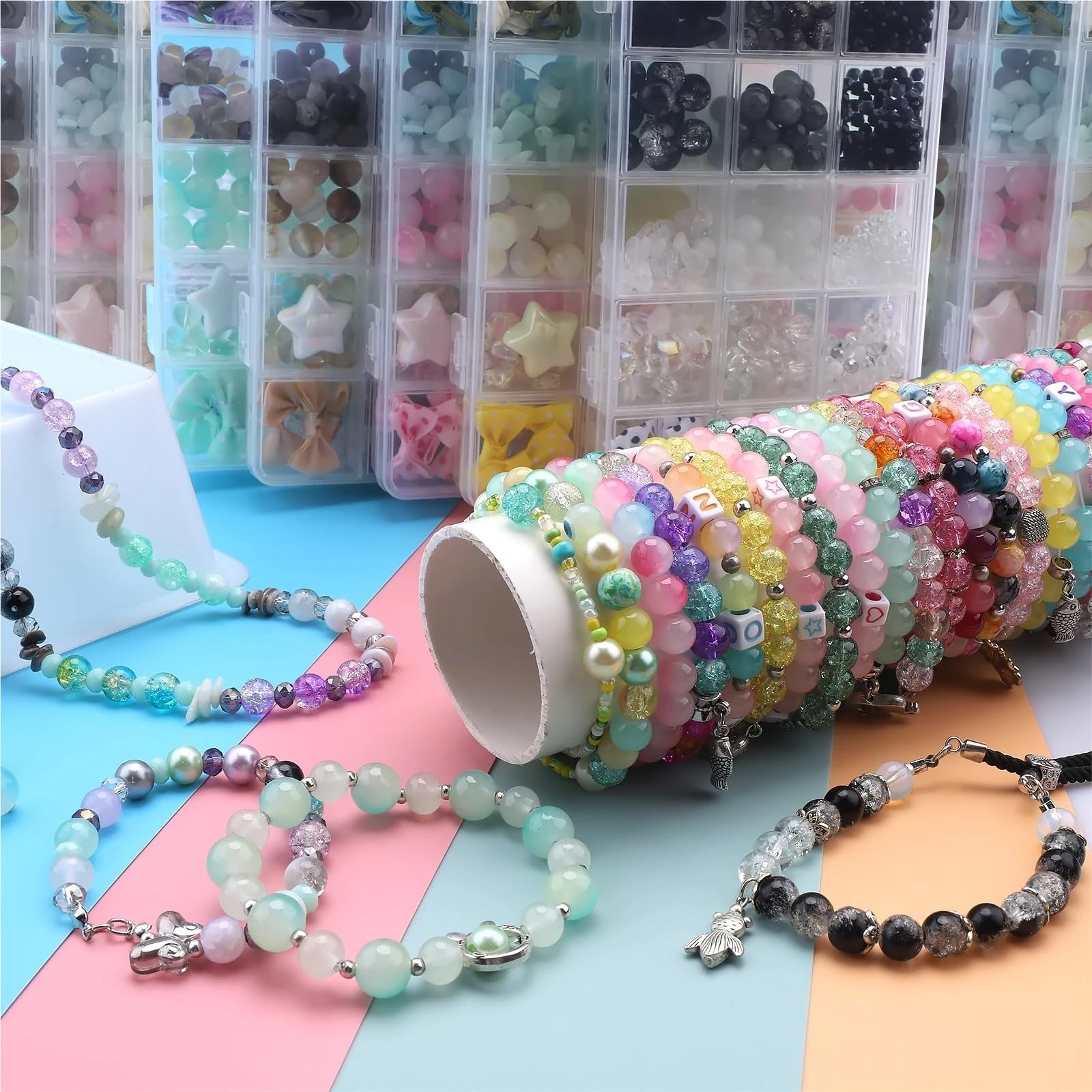 Cuentas de cristal esmerilado, 2 cajas de cuentas de vidrio para hacer joyas, pulsera de cristal, cuentas de resina, suministros de cuentas, aretes y collar (03LanFen)