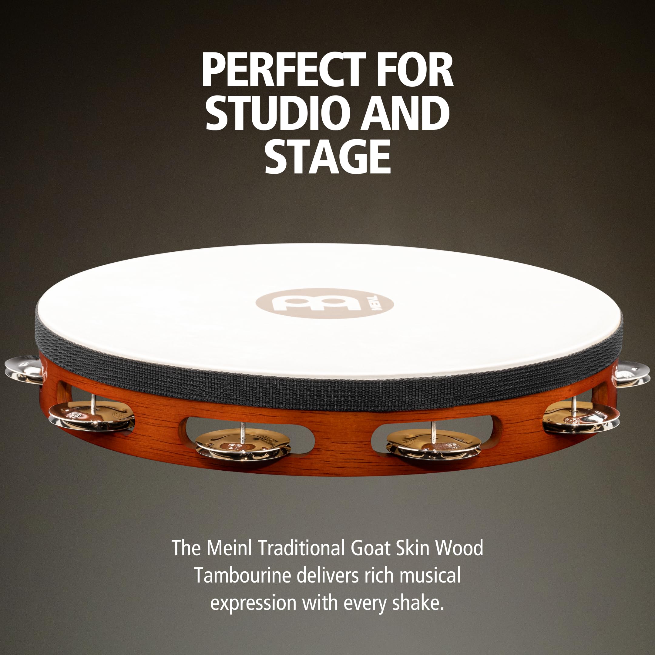 Meinl Felltambourine TAH1AB Steel Jingles | Tamburin mit 1 Reihe Jingles, Durchmesser 10 Zoll, mit Ziegenfell, Holz und Stahl