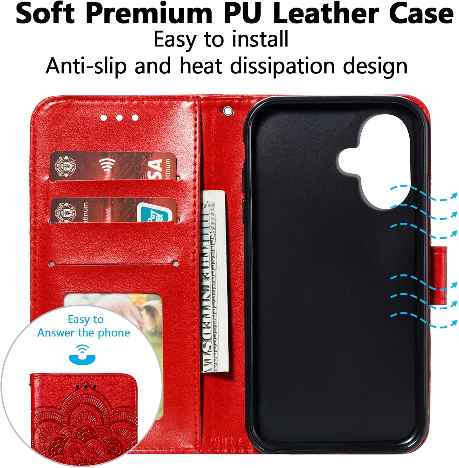 EYZUTAK Case for iPhone 17, Premium PU Leather Magnetic Closure Flip Wallet Phone Case with Card Holder Cash Slot Stand Function Embossed Mandala Flower Shockproof Lanyard Cover - Red - Image 3