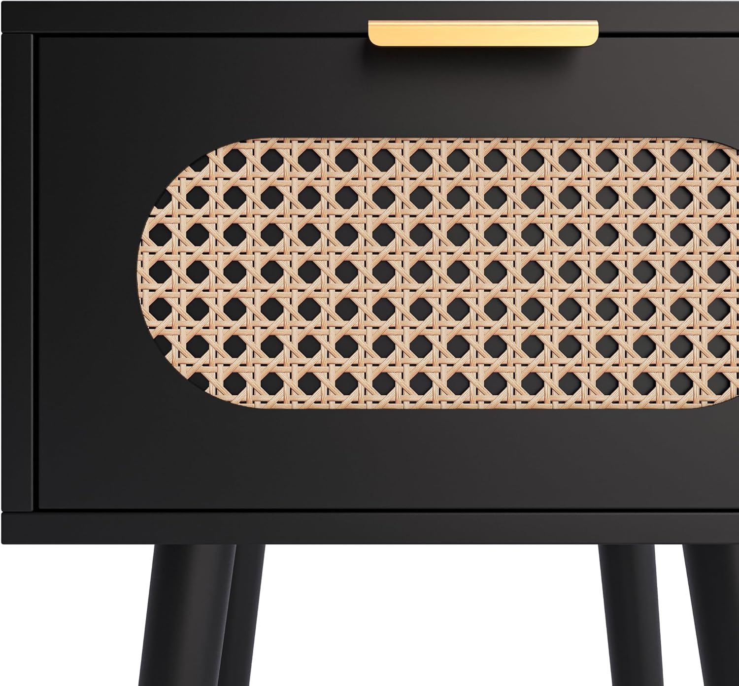 Nightstands Set of 2, Bedside Table with Rattan Door, Boho End Table with Solid Wood Legs for Bedroom, Living Room, Small Space Nightstands, Black Color, HNS001B