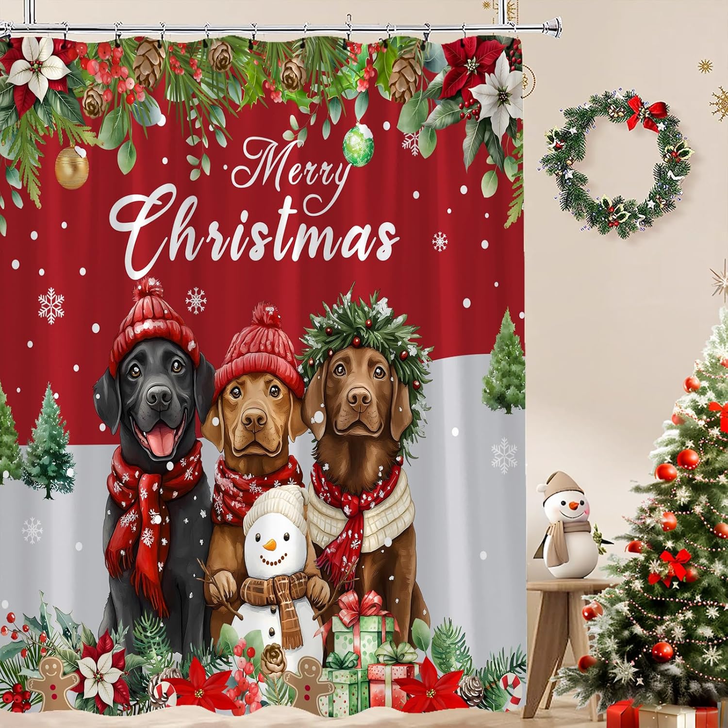 Christmas Shower Curtain Funny Dog Cute Snowman Puppy Snowflake Xmas Tree Balls Winter Happy New Year Holiday Red Bath Decor Curtain with Hooks, 70x78 Inch