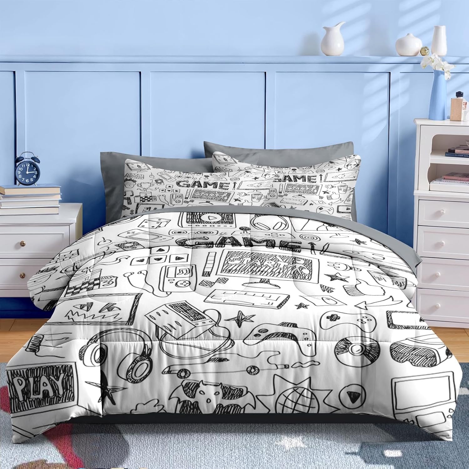 Nesker 7 Pcs Comforter Set Queen Size, Computer Games Doodles Bedding for Kids Teen, Gamer Gaming Black with Fitted Sheet 2 Pillowcases & 2 Shams for Bedroom Bed Decor - Image 2