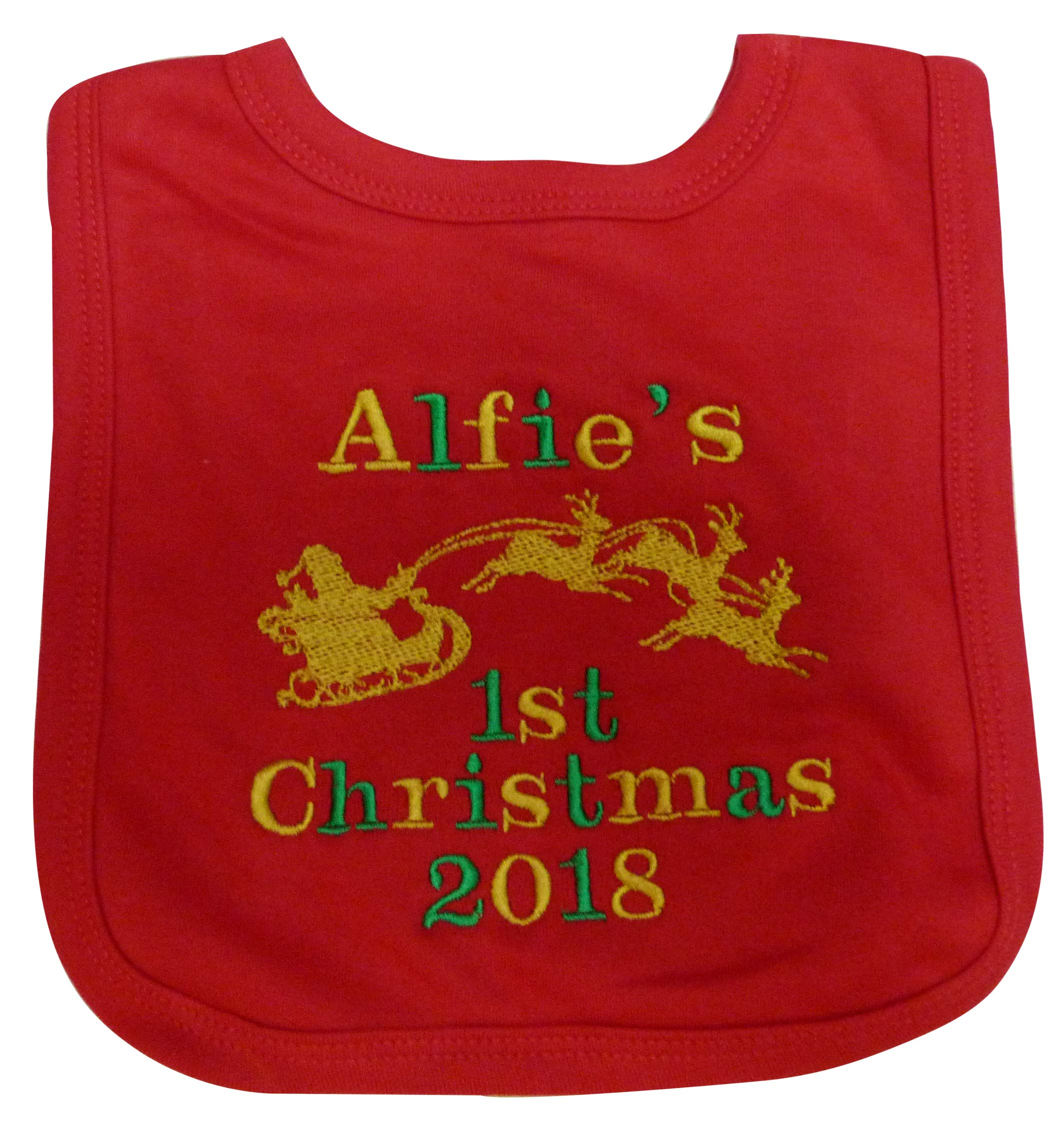 Giftsabc Personalised embroidered 1st christmas bib with santa and sleigh and name (red)