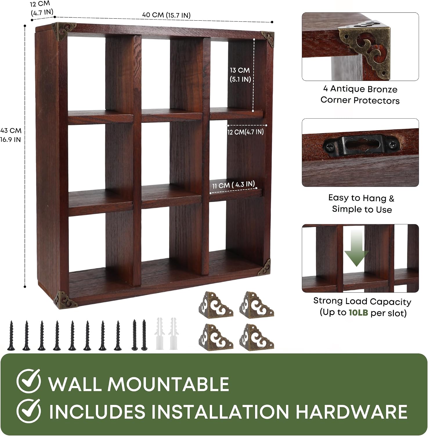 9 Slot Coffee Mug Display Rack - 17in Wall Mounted(Rustic Walnut)
