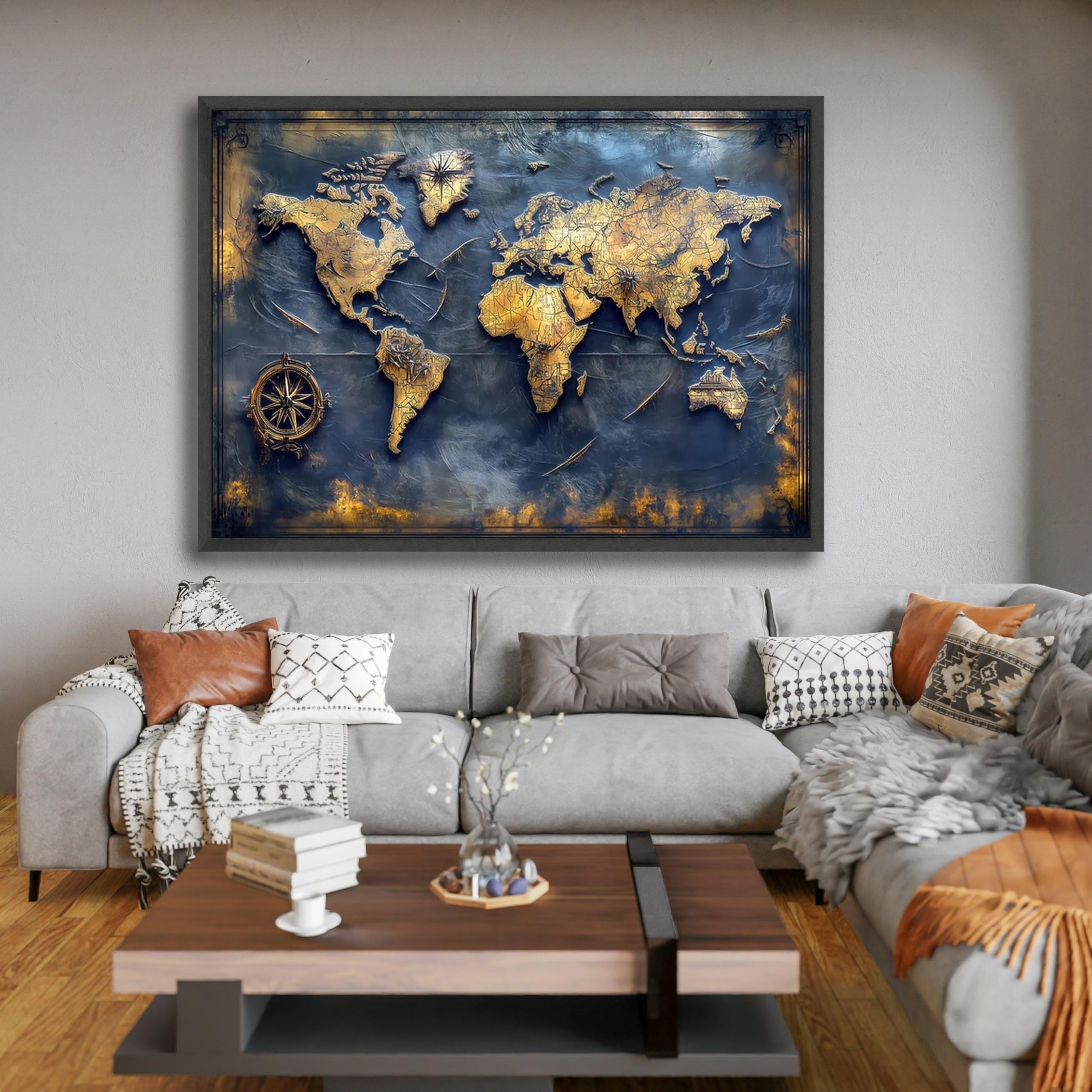 YUSUZHU Vintage-Landkarten-Leinwandbild, Karte im Antik-Stil, Wanddekoration mit nautischem Kompass, rustikales Reisebild, Dekoration für Zuhause oder Büro (50 x 75 cm/Innenrahmen)