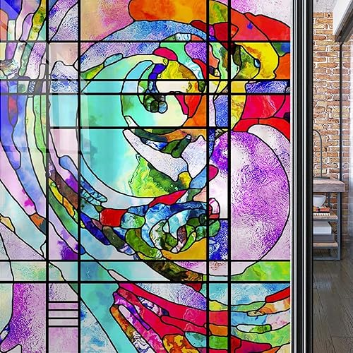 Miniatura 9 de Lámina de vitrales para ventana, privacidad, abstracto, colorido, decorativo, esmerilado, sin pegamento, adherencia estática, 35.4 x 78.7 pulgadas
