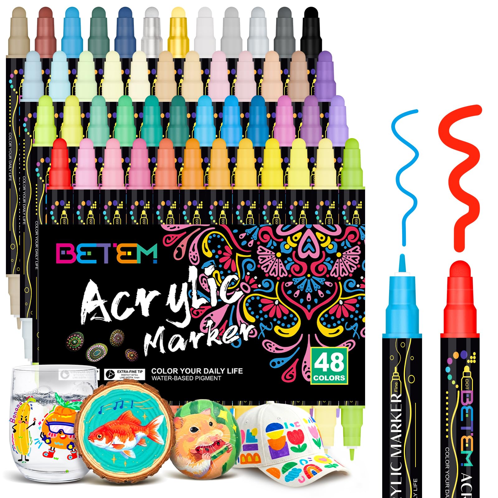 Betem 60 Farben Acrylstifte mit Doppelspitze, Hochwertige Acrylmarker für Stein, Holz, Leinwand, Felsmalerei, Glas, Keramik Wasserfest, Ostereier, Christmas Acrylstifte Set für Basteln Kunstbedarf