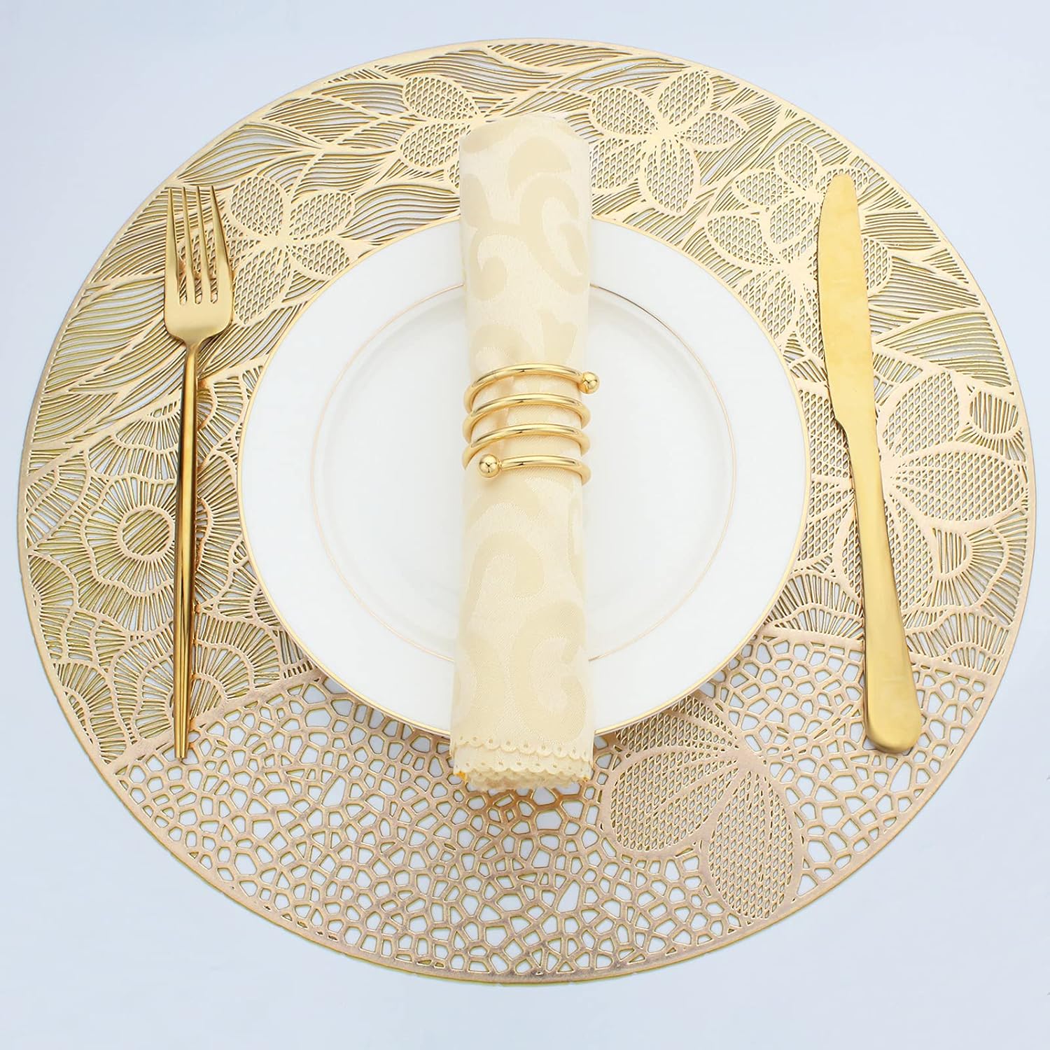 Evevda Gold Round Placemats for Dinner Table Set of 6 No-Slip Wipeable Flower Pattern Table Mats Metallic Plastic Vinyl Place Mats for Anniversary Daily Use Daily Use(Dia:15inch/38cm) : Home & Kitchen