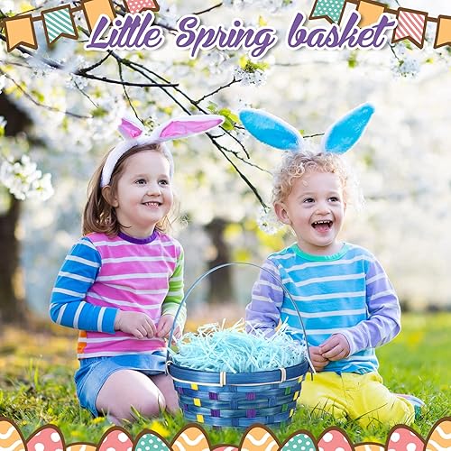 Miniatura 6 de 12 cestas de bambú de Pascua con asa y hierba de papel de rafia de 16.93 oz, cesta de Pascua tejida a mano para caza de huevos, picnic y recuerdos