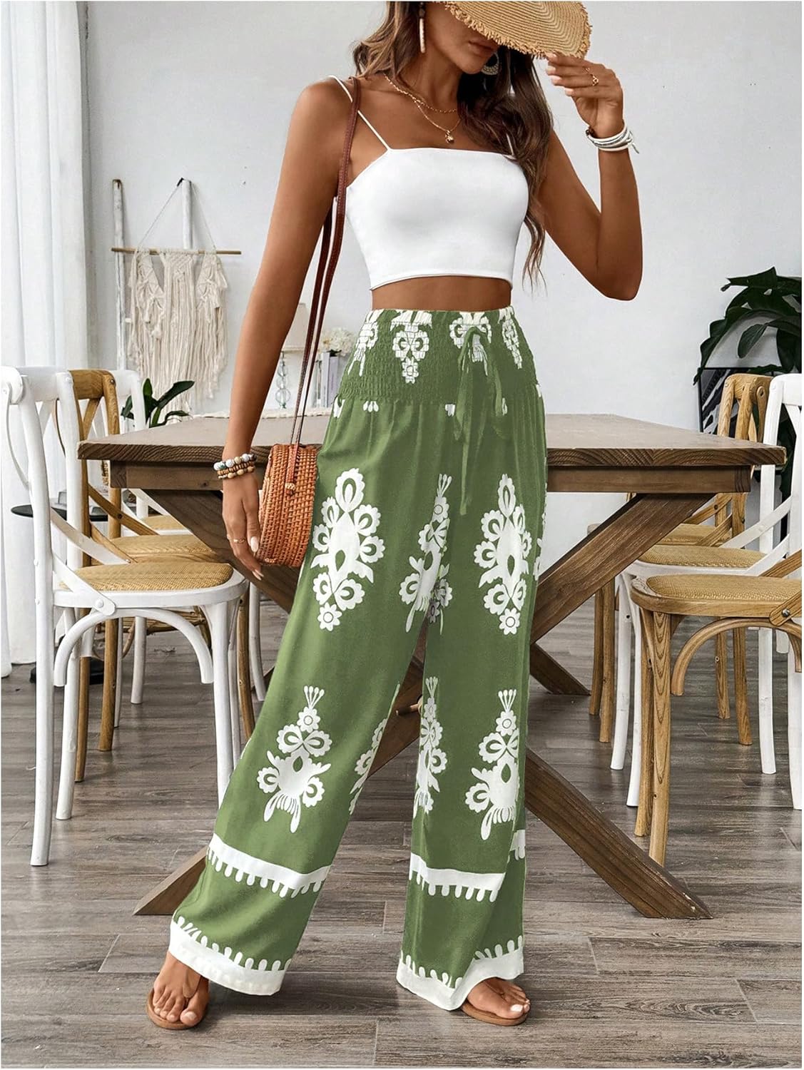 WDIRARA Women's Boho Floral Print Wide Leg Pants Smocked Drawstring High Waisted Trousers - Image 5