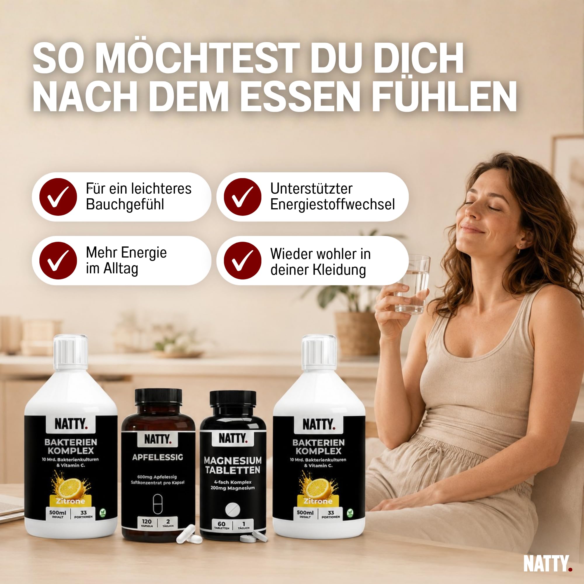 NATTY Bauchwohl Bundle 60 Tage – Bakterienkulturen Komplex mit 10 Mrd. KBE, Apfelessig Kapseln & Magnesium 4-fach Komplex – veganes Nahrungsergänzungs-Set, 4-teilig