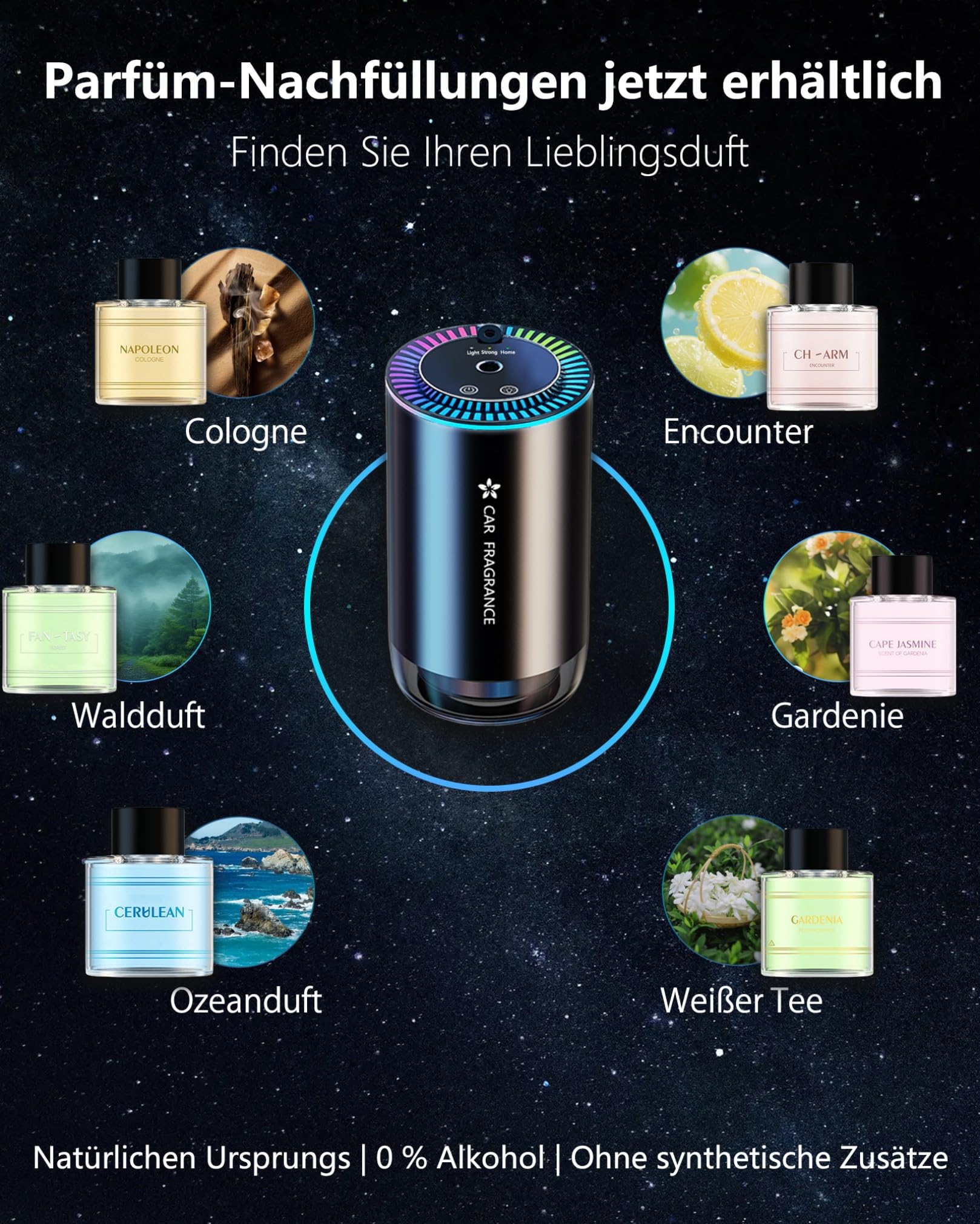 2026 Auto Lufterfrischer mit 50ml Parfüms, Auto Elektrischer Duft, Ultraschall-Zerstäuber, Intelligente 3 Modi, Auto EIN/Ausschalten, Eingebauter Akku, Aroma Diffusor Hält 5 Monate BJ-577(Cologne)