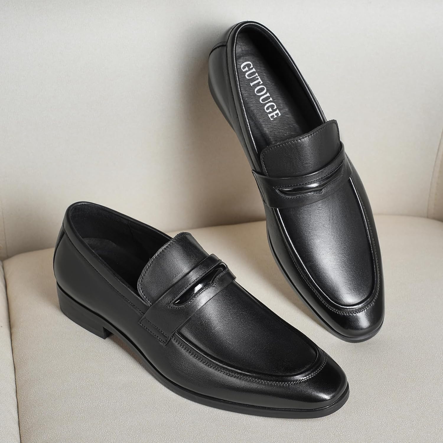 Men’s Leather Penny Loafers Classic Slip On Dress Shoes with Block Heel, Breathable Lining & Durable Rubber Sole - Image 7