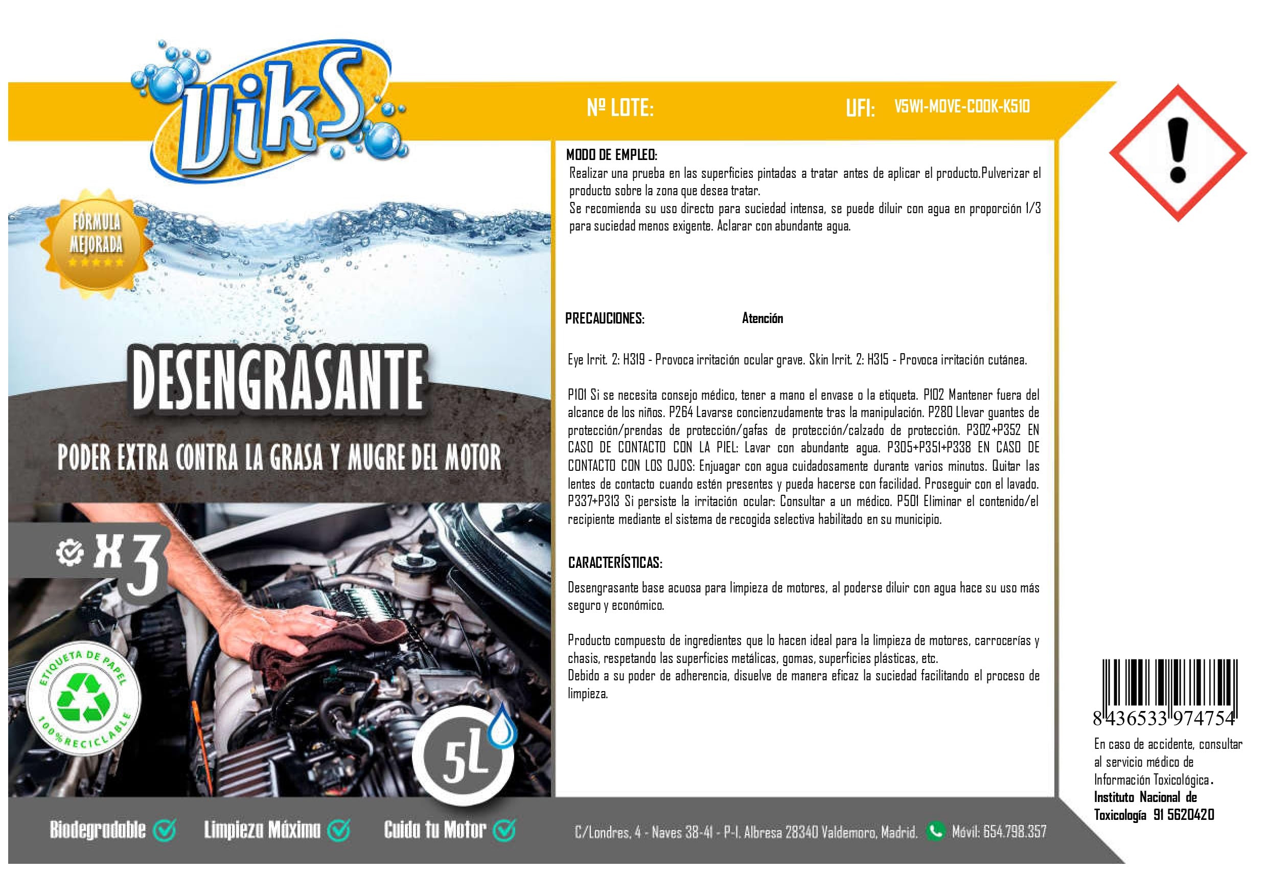 Viks | Dégraissant moteur concentré biodégradable | Nettoie et protège les moteurs et leurs pièces | Élimine la saleté accumulée sans dommage et redonne de la brillance | 5L