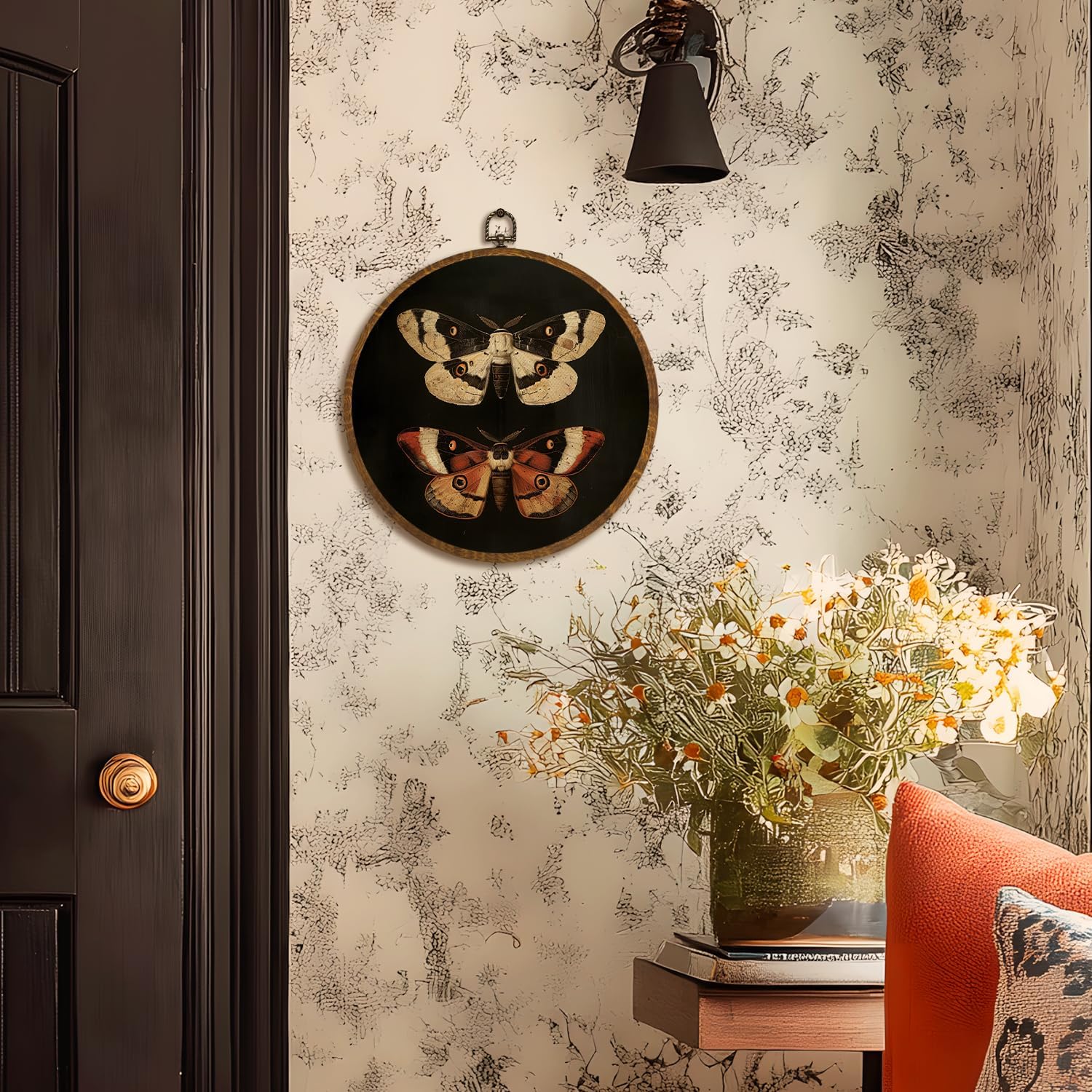 Vintage Wall Art 10x10 Inch, Round Framed Canvas Print of Vintage Butterfly & Moths, Dark Moody Circular Wall Art Decor for Living Room, Bedroom, Neutral Retro Artwork (Black-2 Butterflies)