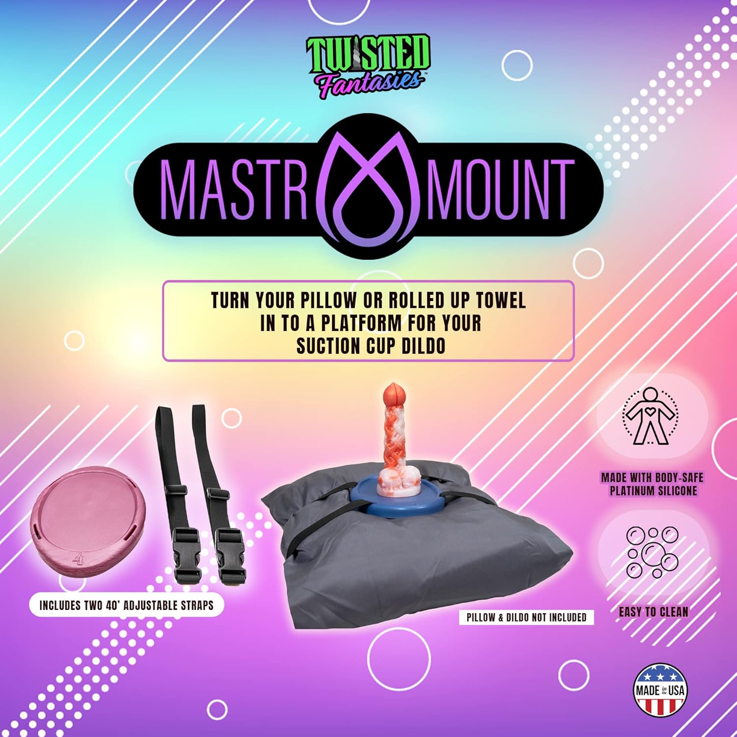 Black Silicone Mastr Mount Pillow and Towel Strap Platform Base for a Suction Cup Dildo, Handmade in The USA, Adult Toys, Sex Toys Stand - Dildo and Pillow not Included