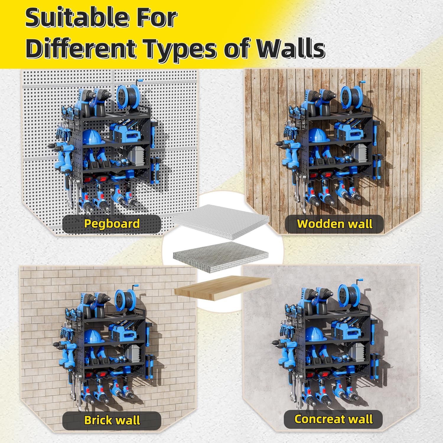 Power Tool Organizer Wall Mount with Charging Station, Drill Holder, Heavy Duty Storage Utility Racks, Supports 600 lbs,Battery Shelf for Garage and Workbench (16 Inch 4 Drills Holder)