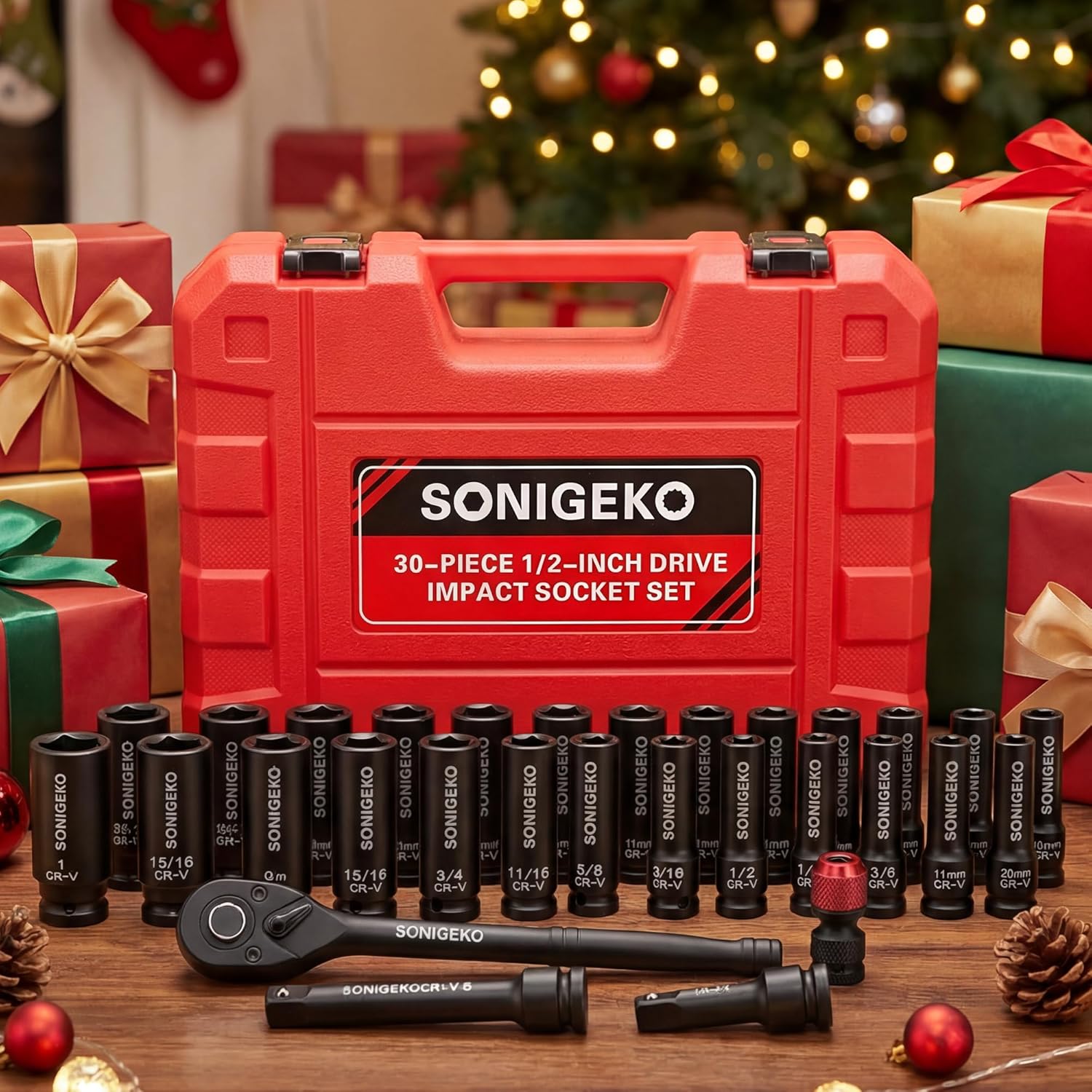 30-Piece 1/2" Drive Impact Socket Set - 6 Point Deep SAE & Metric CR-V Steel Sockets with 3", 5"Extension Bar,Ratchet Wrench,and Bit Adapter(1/2" 30 PCS Socket Set,Metric and SAE)