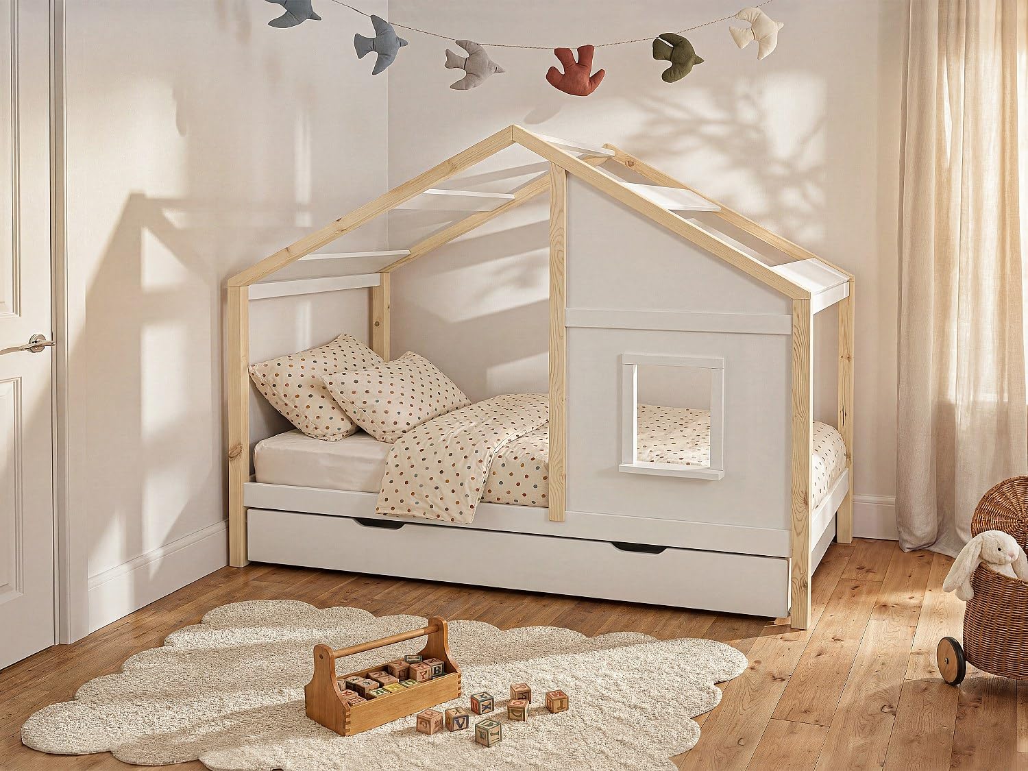 Vente-unique - Lit cabane 90 x 190 cm avec tiroir - Pin et MDF - Coloris : Blanc et Naturel - RINELYA - pour Enfant