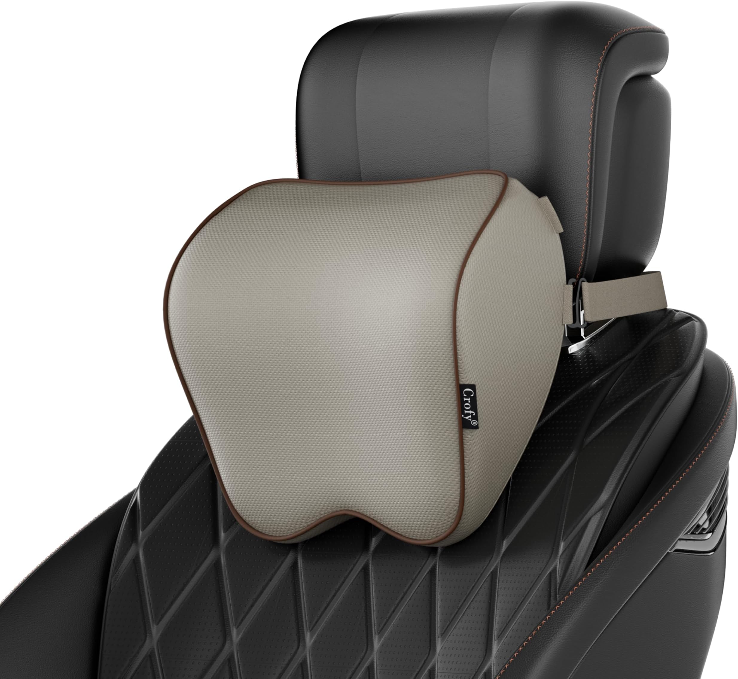 Crofy 2 Pack Car Neck Pillow, Softness Car Headrest Pillow for Driving with Adjustable Strap, 100% Memory Foam and Breathable Removable Cover, Comfortable Ergonomic Design (Beige)